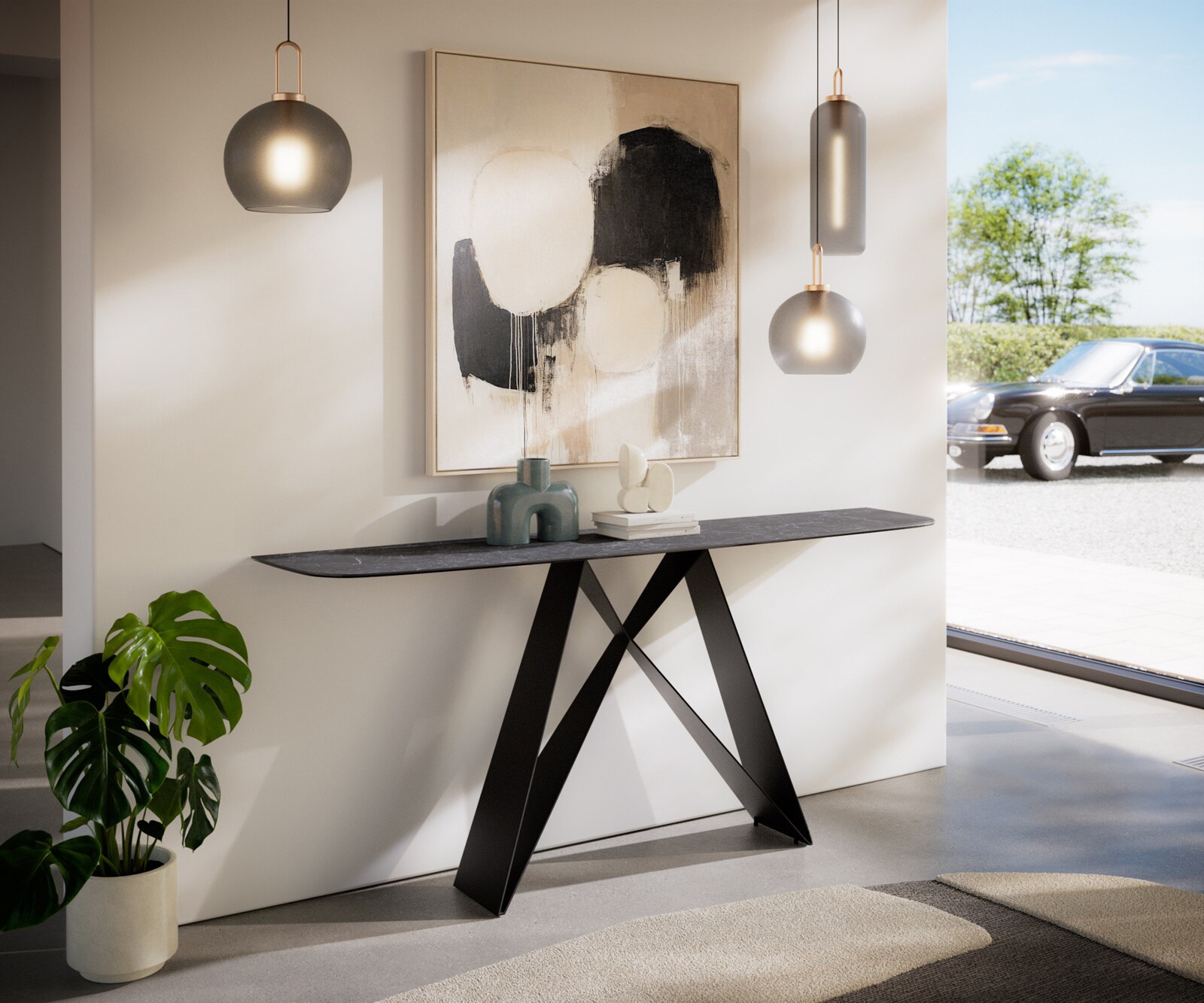 Consoletafel Edge Bootvorm 180x40 cm Keramiek Laminam® Nero Greco Anthrazit Velio Metaal Zwart 7