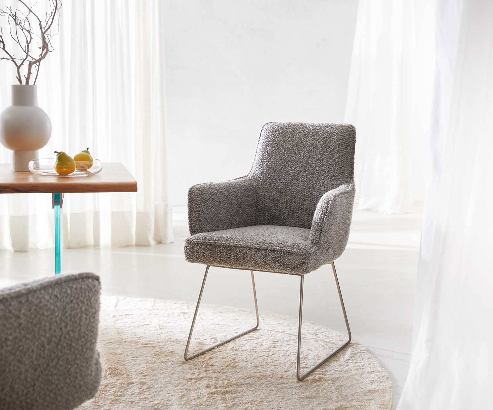 Eetkamerstoel Heira-Flex met armleuning bouclé zilver grijs slipframe roestvrij staal pocketveer kern Eetkamerstoel Heira-Flex met armleuning bouclé zilver grijs slipframe roestvrij staal pocketveer kern