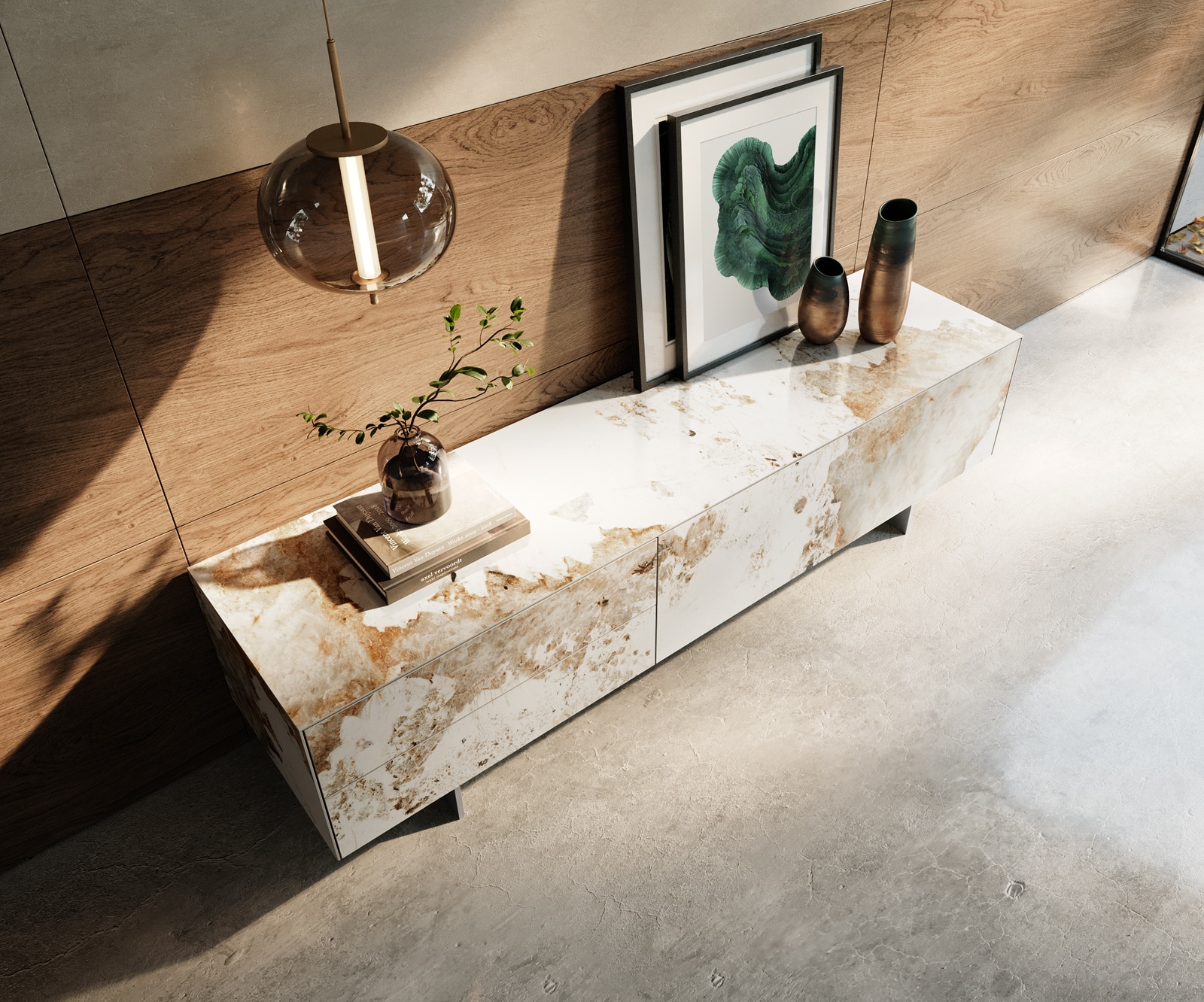 Tv-meubel Cuor 180 cm Keramiek Minas Melange Wit-beige 1 Flap 2 Laden Zwevende voet look Roestvrij staal 4