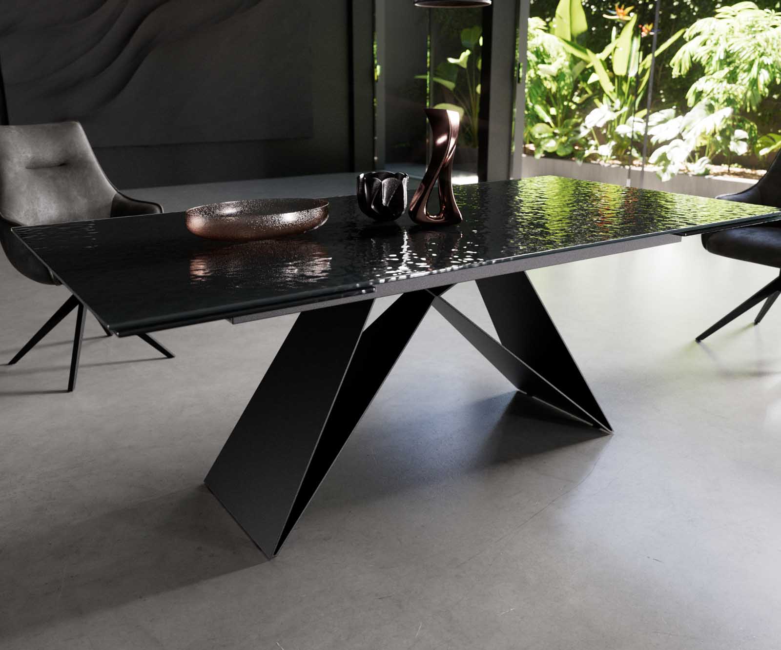 Eetkamertafel Edge 200-300x100 Glas smelten rokerig zwart 3D-Relief V-frame vlak staal zwart uitschuifbaar 4