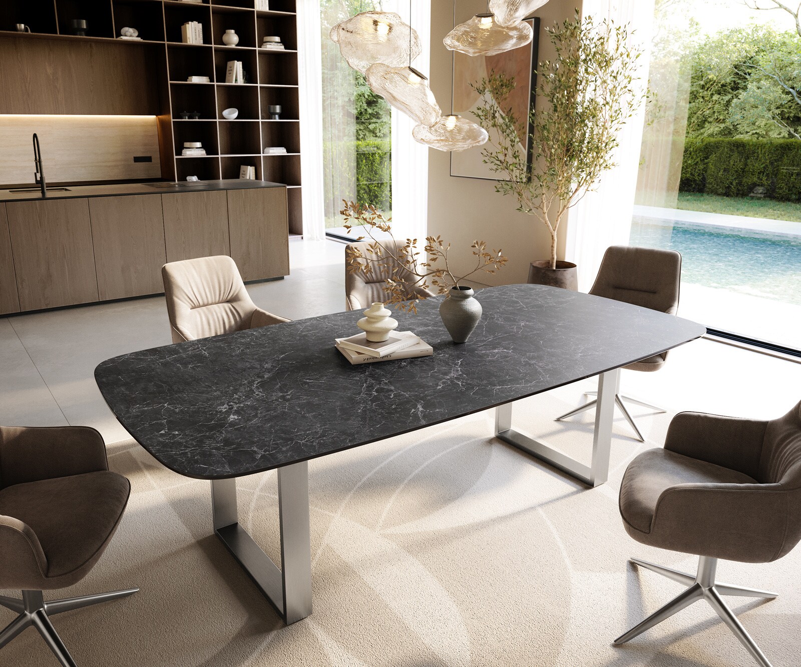 Eettafel Edge Boot 240x120 cm Keramiek Laminam® Nero Greco Anthrazit Roestvrij staal Schmal
