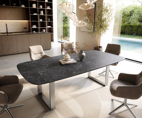 Eettafel Edge Boot 240x120 cm Keramiek Laminam® Nero Greco Anthrazit Roestvrij staal Schmal