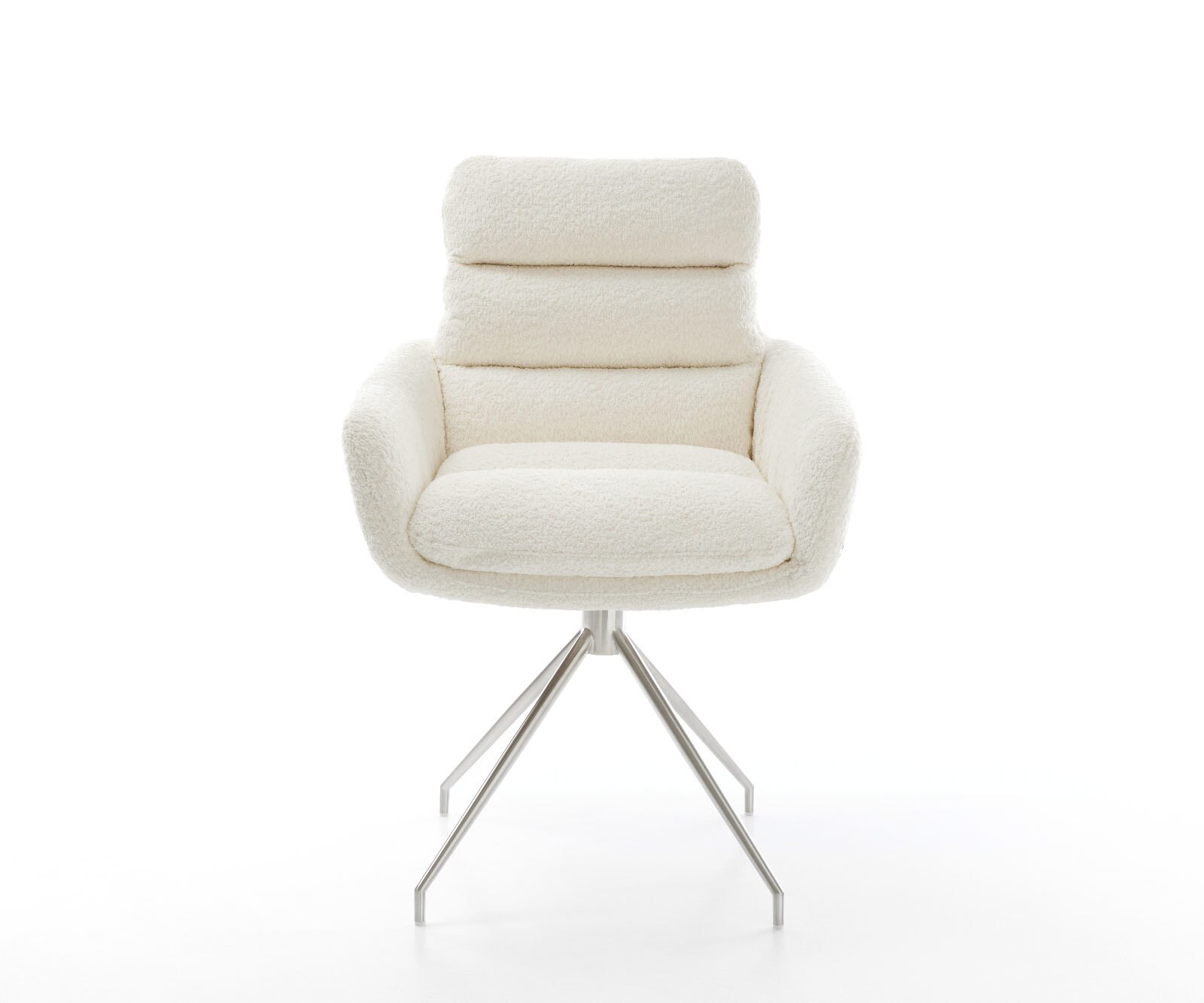Eetkamerstoel Abelia-Flex met armleuning bouclé wit kruisframe conisch roestvrij staal 1 Eetkamerstoel Abelia-Flex met armleuning bouclé wit kruisframe conisch roestvrij staal 1