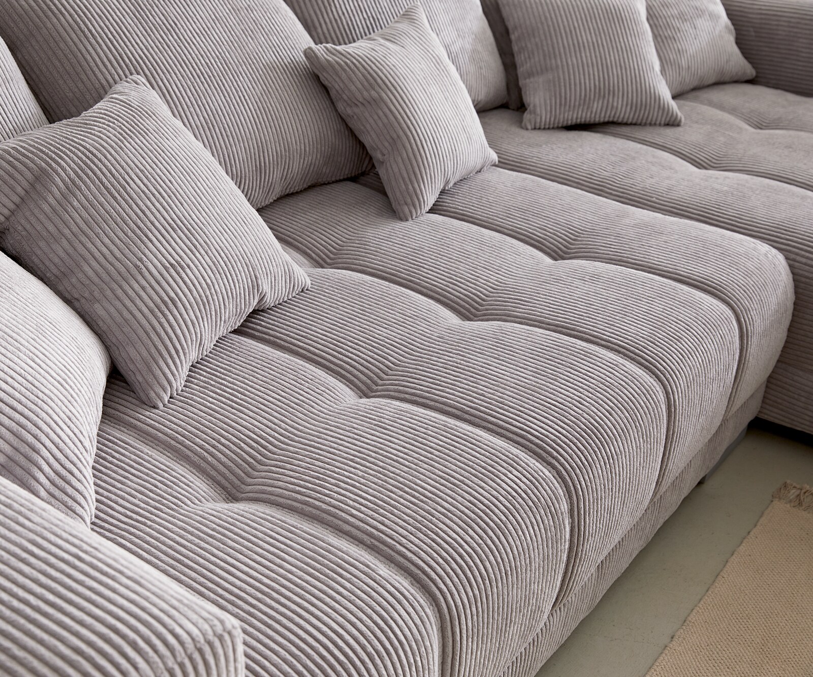 Hoekbank Josea 300x220 cm Cord zilvergrijs ottomaan rechts 4 Hoekbank Josea 300x220 cm Cord zilvergrijs ottomaan rechts 4