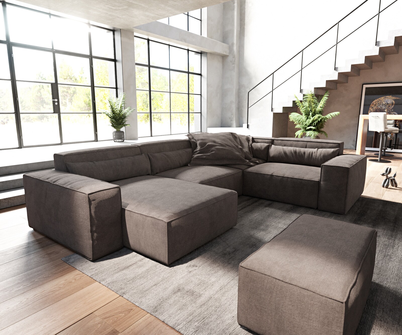 Woonkamerlandschap Sirpio 300x200 cm microvezel Khaki bruin recamiere variabele met kruk 1