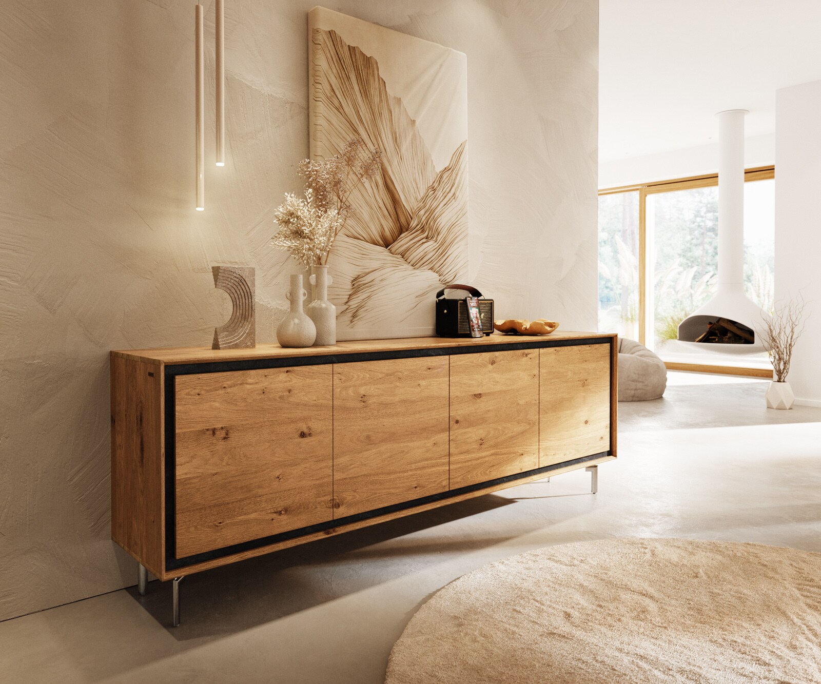 Dressoir Stonegrace 200 cm eiken natuur 4 deuren poot ovaal RVS geborsteld