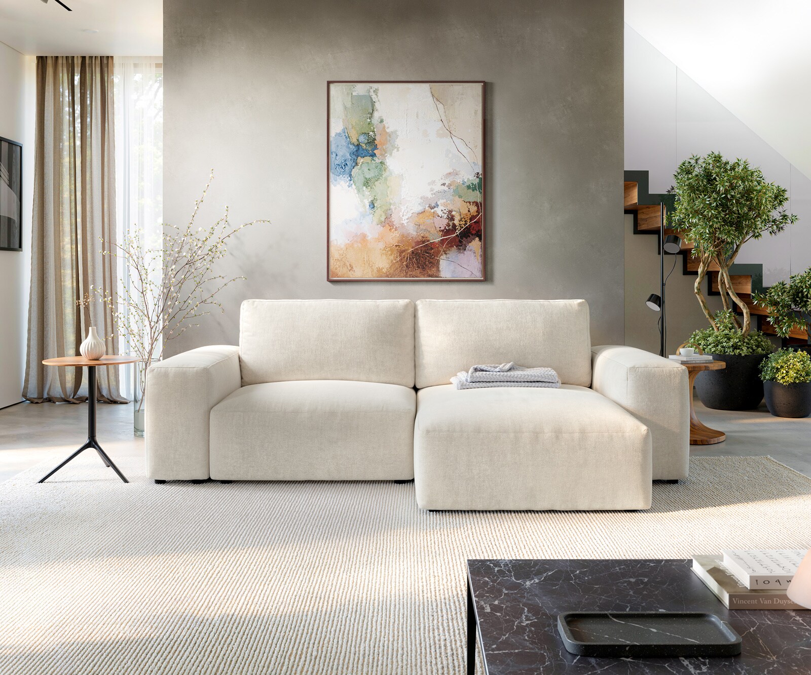 Hoekbank Lanzo 230x155 cm Zachte structuurstof Beige Chaise longue variabel 2