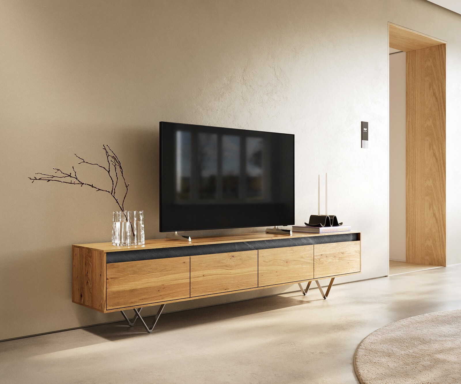Design-tv-meubel Stonegrace 200 cm natuur eiken leisteen 4 laden V-onderstel roestvrij staal