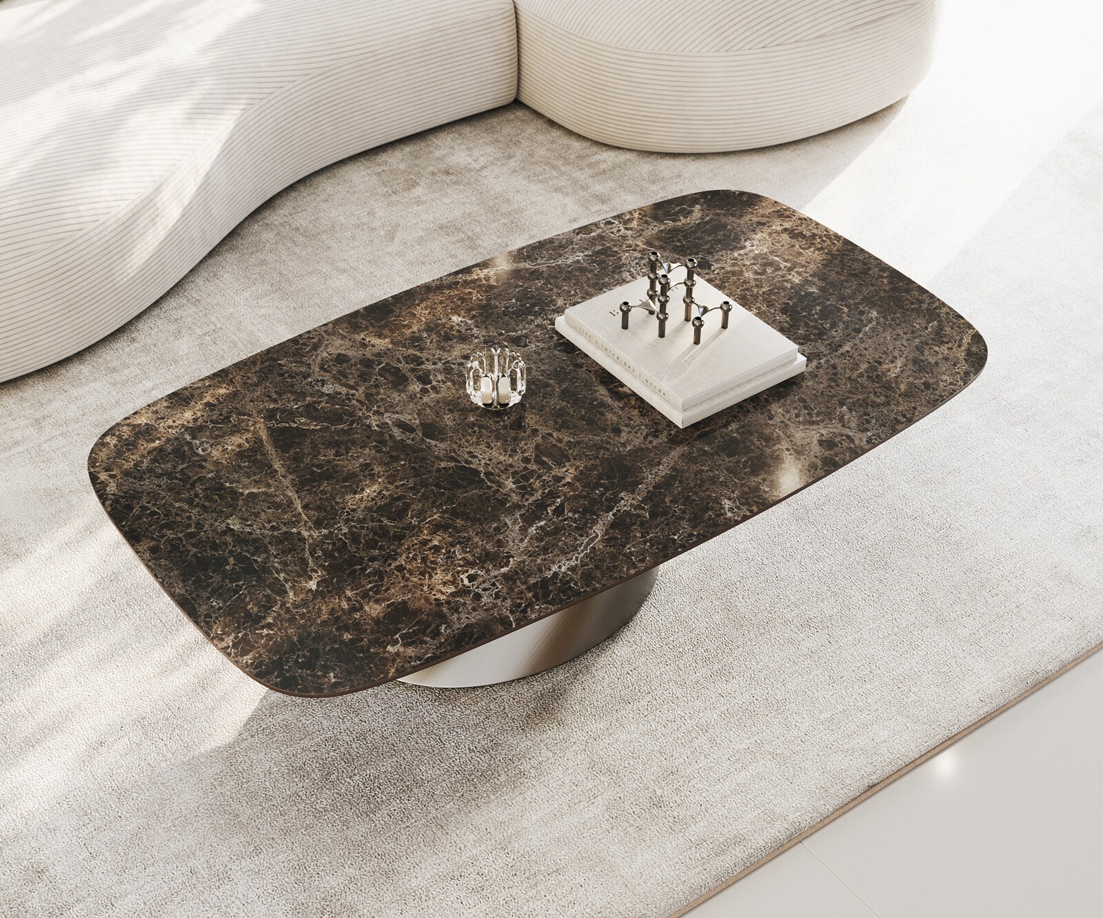 Salontafel Edge Boot 140x80 cm keramiek Laminam® Emperador Extra Lucidato donkerbruin Conis geborsteld roestvrij staal 4