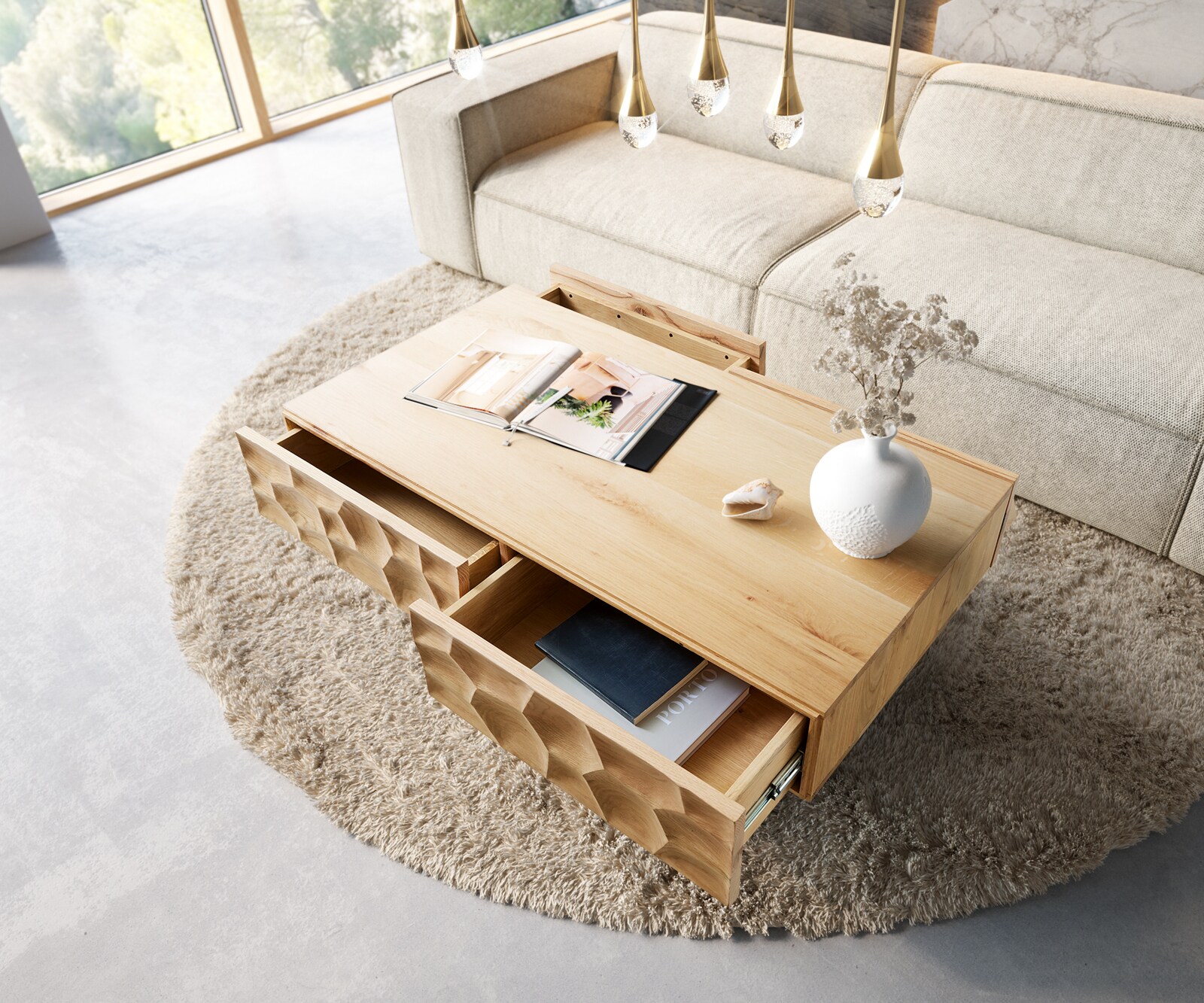 Salontafel Solu 120 cm natuur eiken 4 Lades poot zwevend metaal zwart 3D Front 3