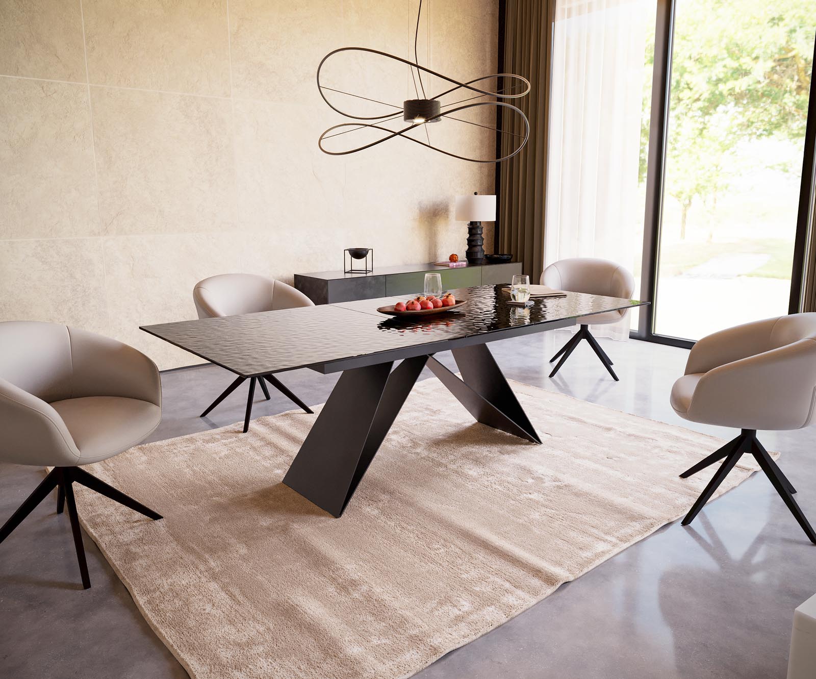 Eetkamertafel Edge 180-220x100 Glas smelten rokerig zwart 3D-Relief V-frame vlak staal zwart uitschuifbaar 5 Eetkamertafel Edge 180-220x100 Glas smelten rokerig zwart 3D-Relief V-frame vlak staal zwart uitschuifbaar 5