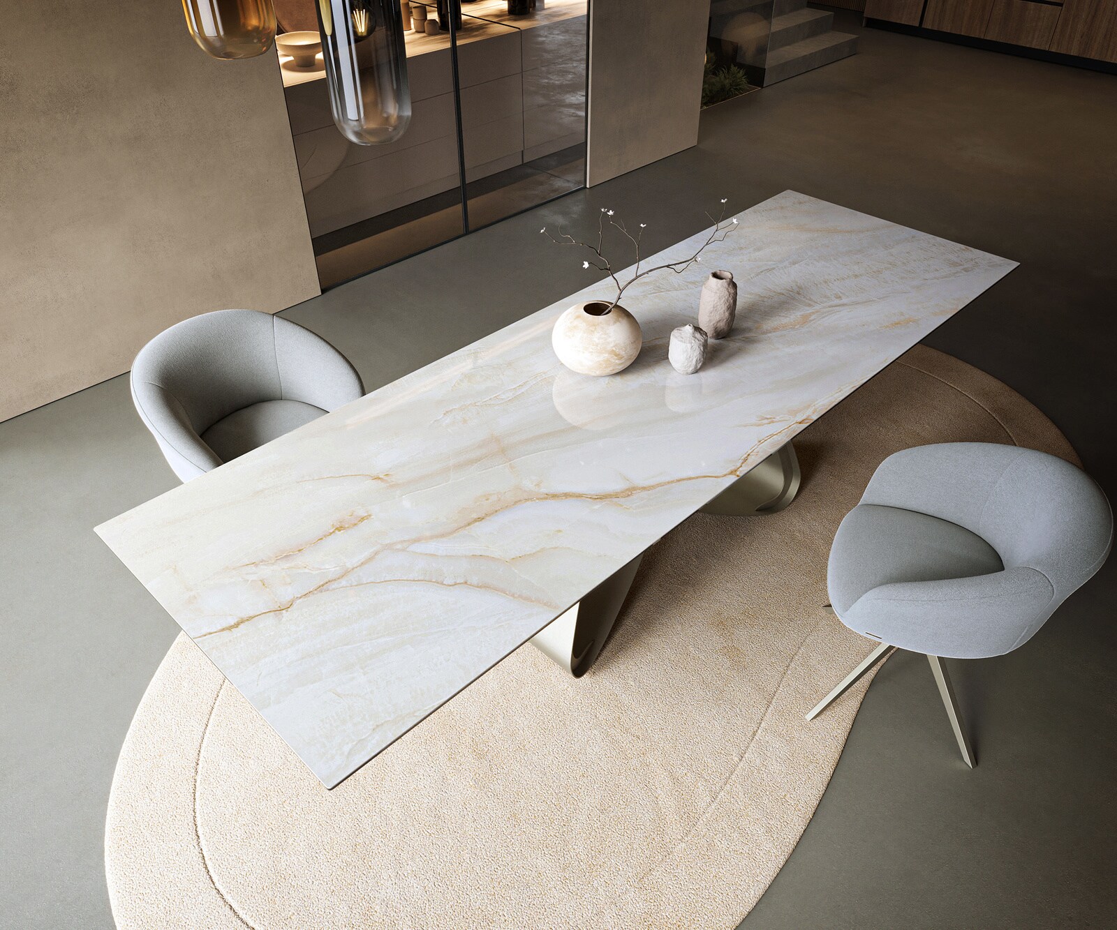 Eettafel Edge 300x100 cm keramiek Onyx Pearl W-onderstel metaal effectfinish titan 3