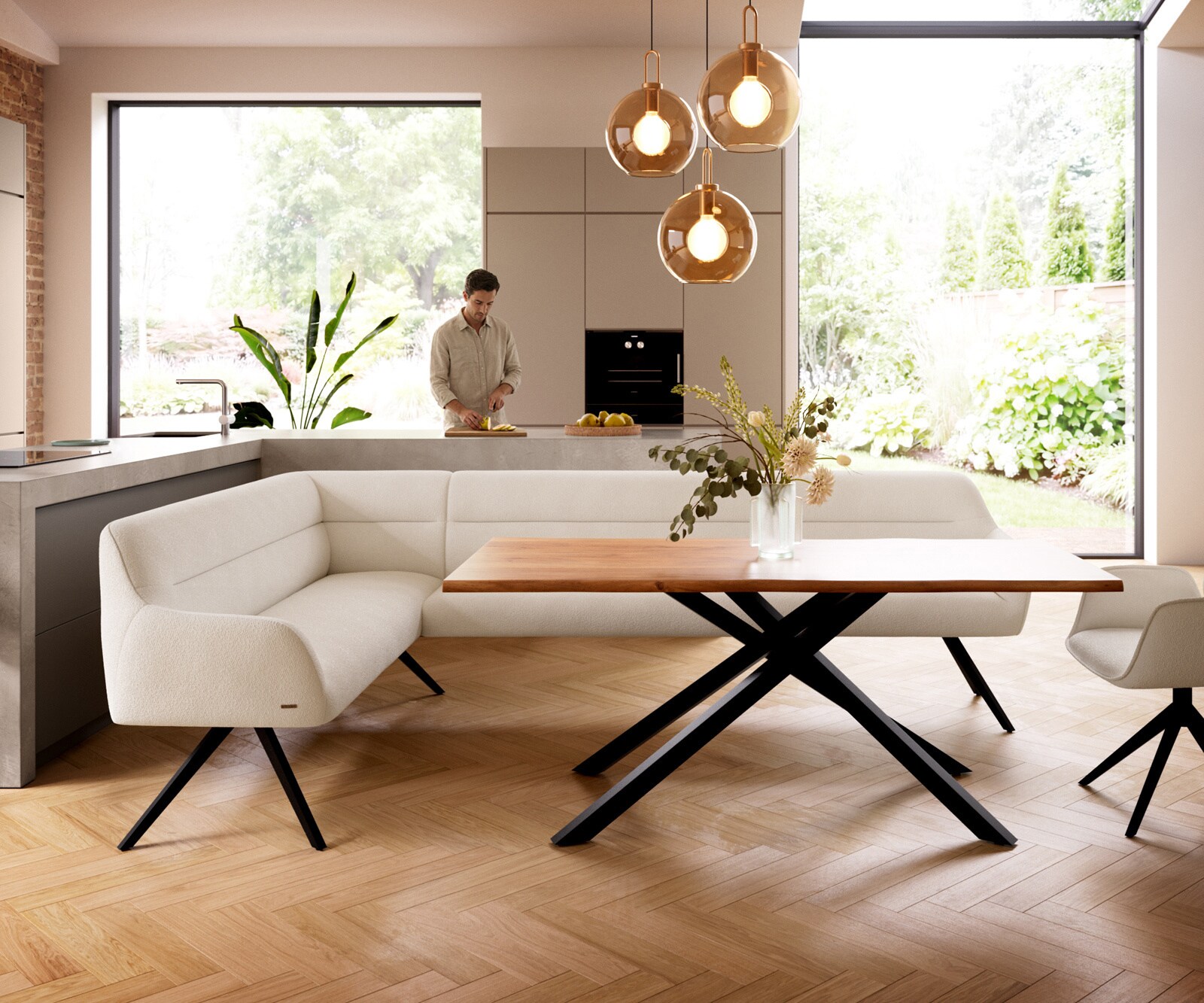 Eetkamerbank Taya-Flex 285x190 cm bouclé crème-wit hoekig kruisframe zwart pocketvering rechts 2