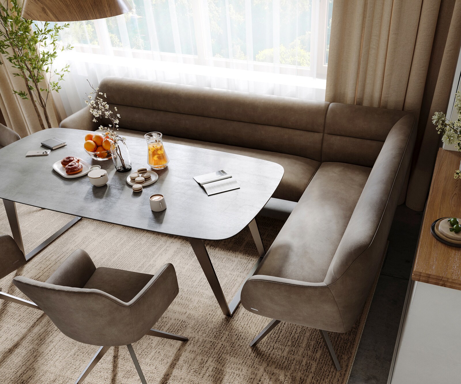 Eetkamerbank Taya-Flex 285x190 cm microvelours taupe vintage hoekig kruisframe grafiet pocketvering rechts 4