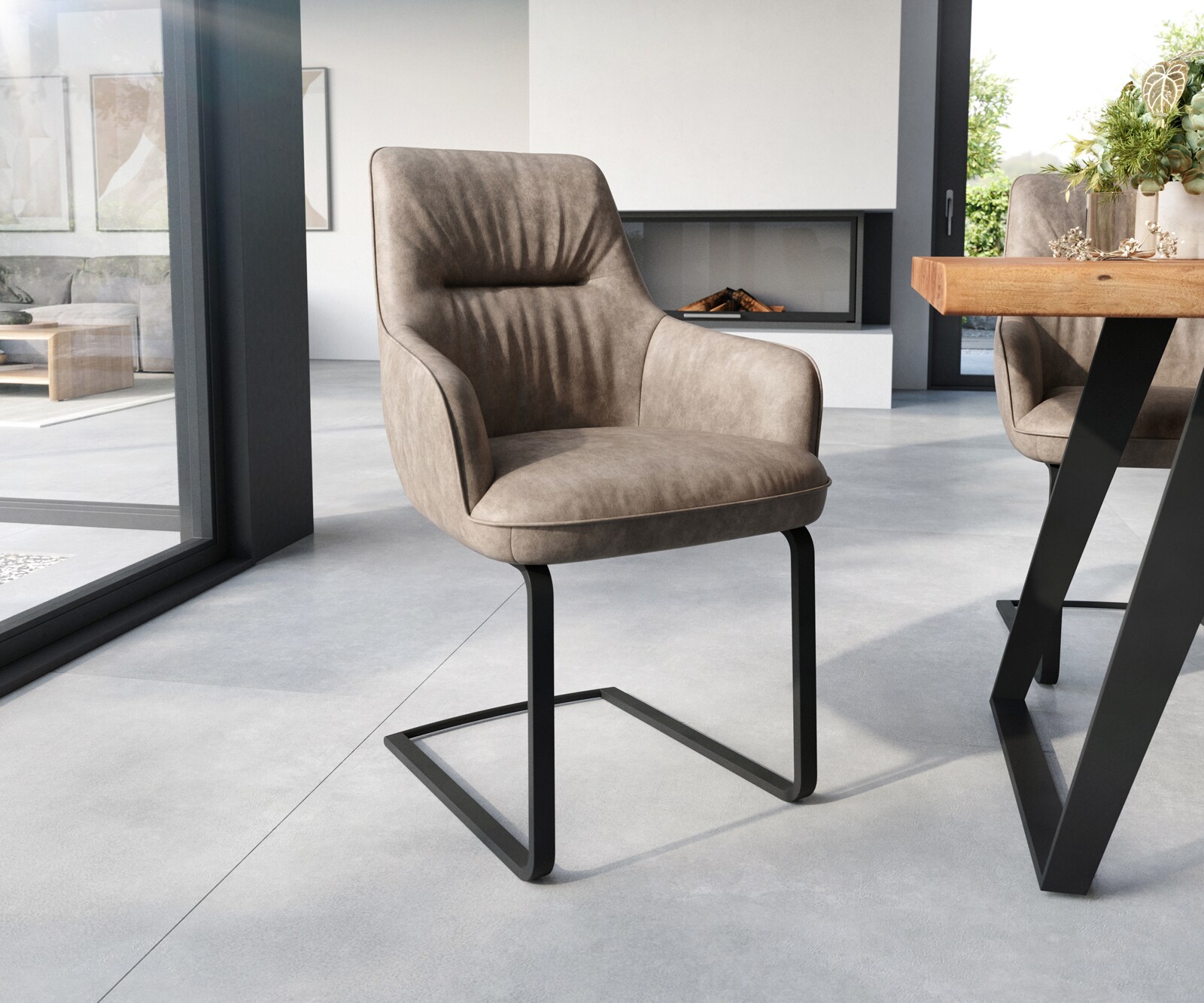 Sledemodel Zelia-Flex met armleuning microvelours taupe vintage sledemodel vlak zwart pocketveer kern