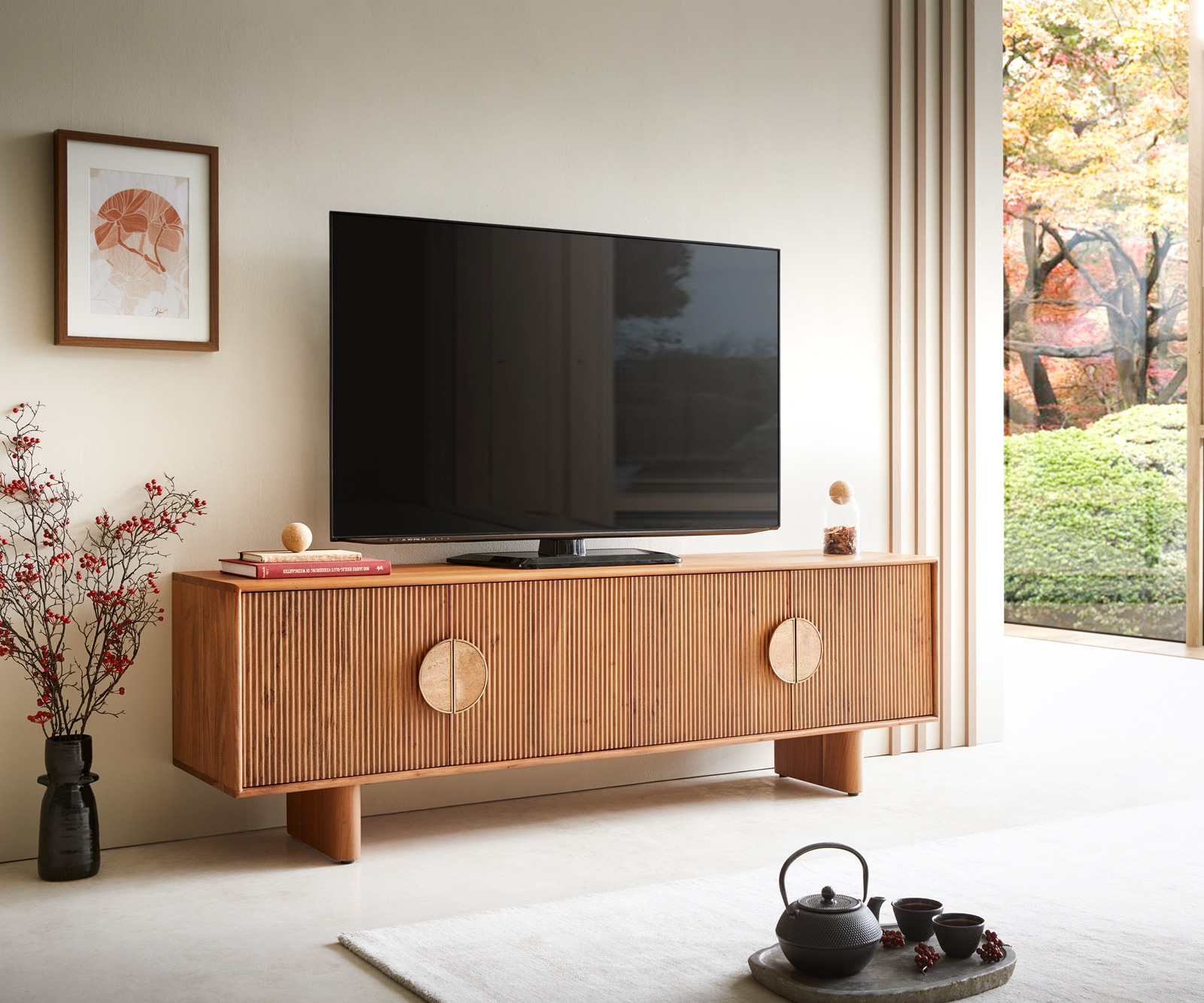 Tv-meubel Surimu 175 cm acacia lichtbruin 4 deuren kurkgreep houten poten Tv-meubel Surimu 175 cm acacia lichtbruin 4 deuren kurkgreep houten poten
