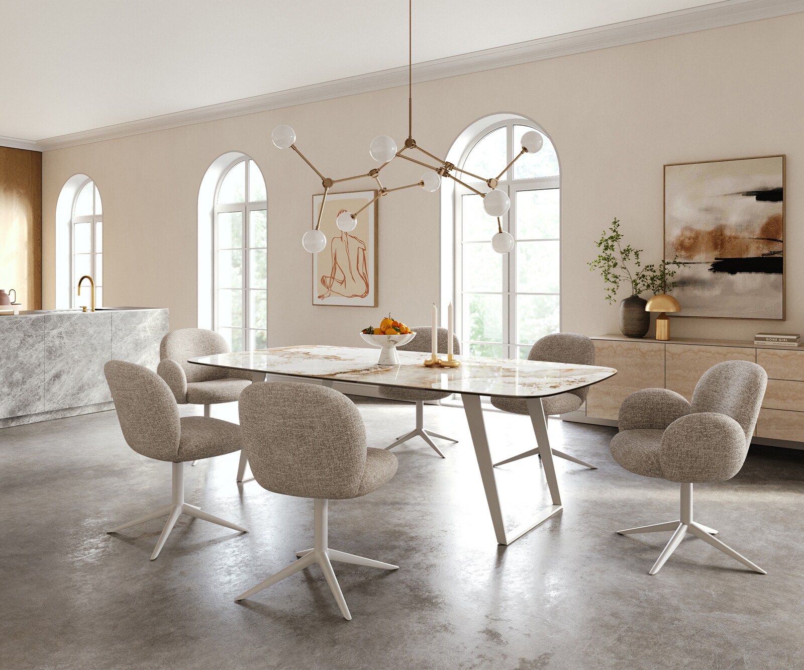 Eettafel Edge Boot 240x120 cm Keramiek Minas Melange Wit-Beige Metaal Schräg Wit 5