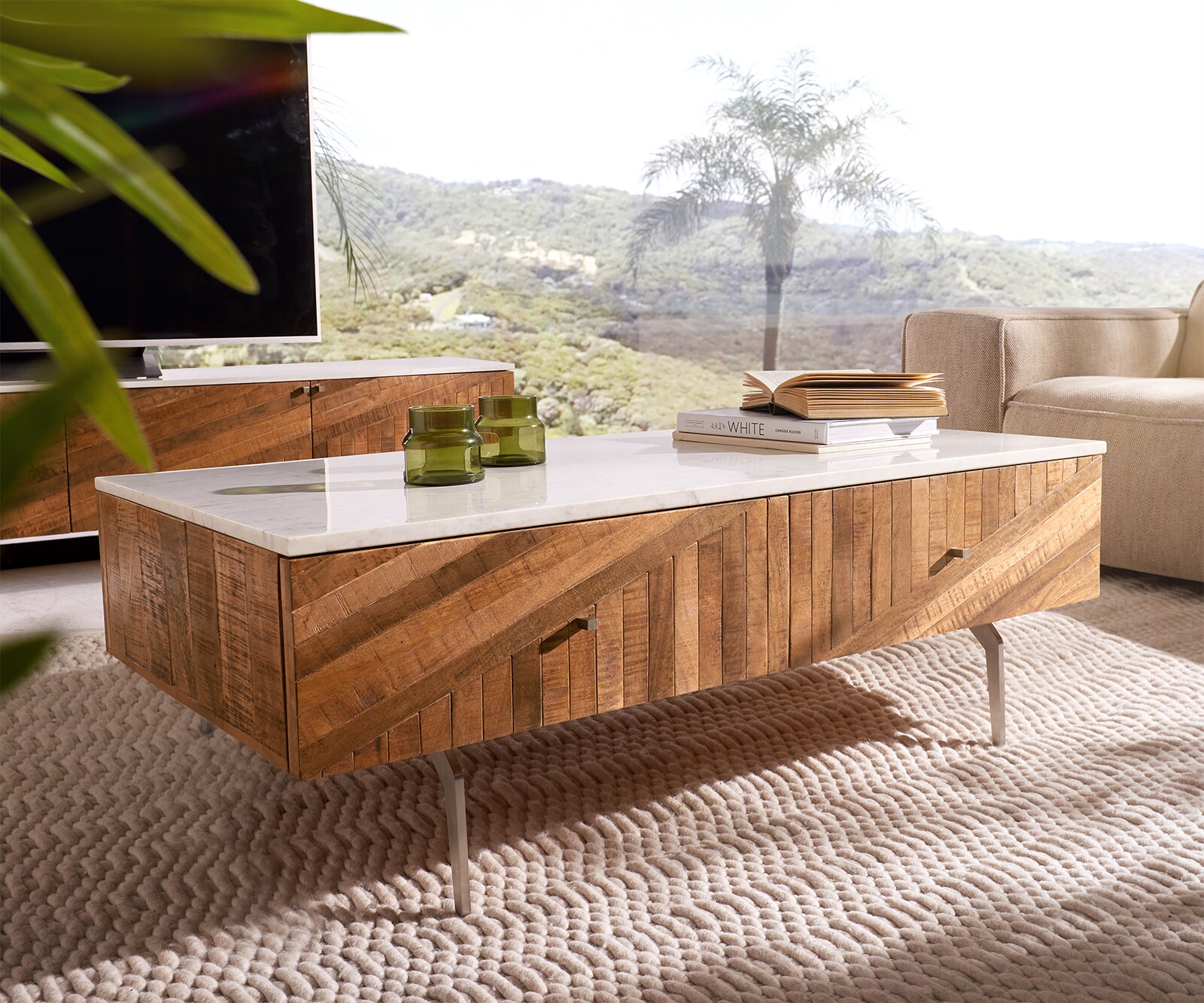 Salontafel Bahan 115x60 cm mango teak 2 schuifladen marmerblad weiss hoekpoot edelstaal