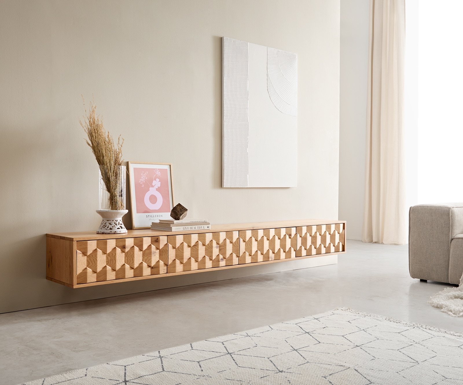 Tv-meubel Fevo 220 cm natuur eiken 4 deuren zwevend