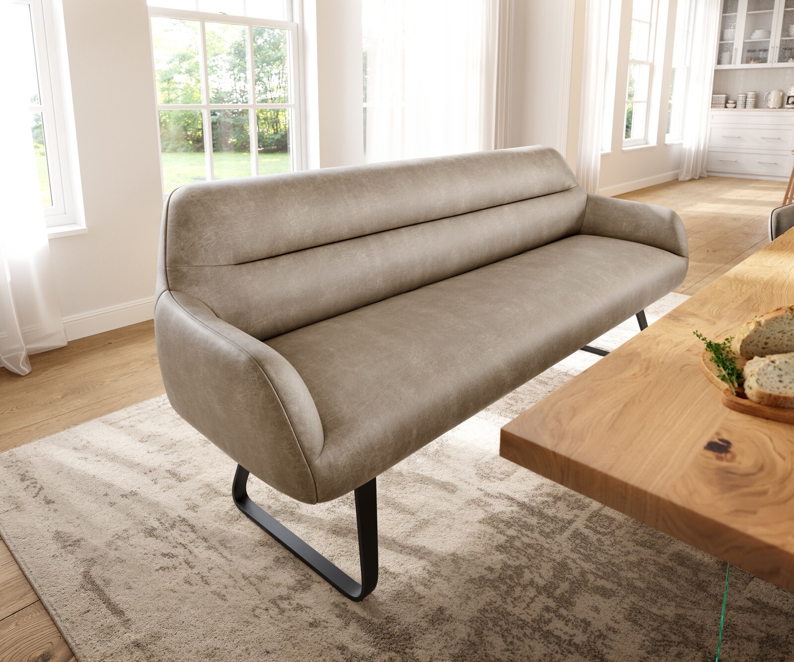 Eetkamerbank Taya-Flex 200 cm microvelours beige vintage platte sledebasis zwart pocketvering