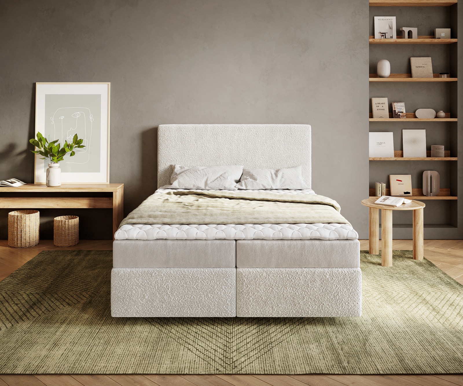 Boxspringbed Dream-Well 140x200 cm Bouclé Crème-Wit met Matras en Topper 1