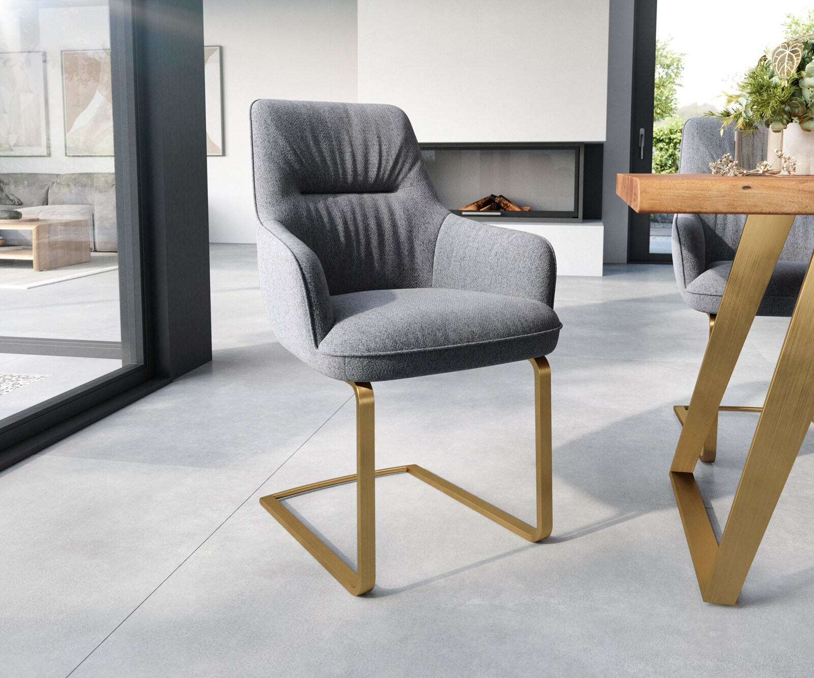 Sledemodel Zelia-Flex met armleuning structuurstof lichtgrijs sledemodel vlak goud pocketveer kern
