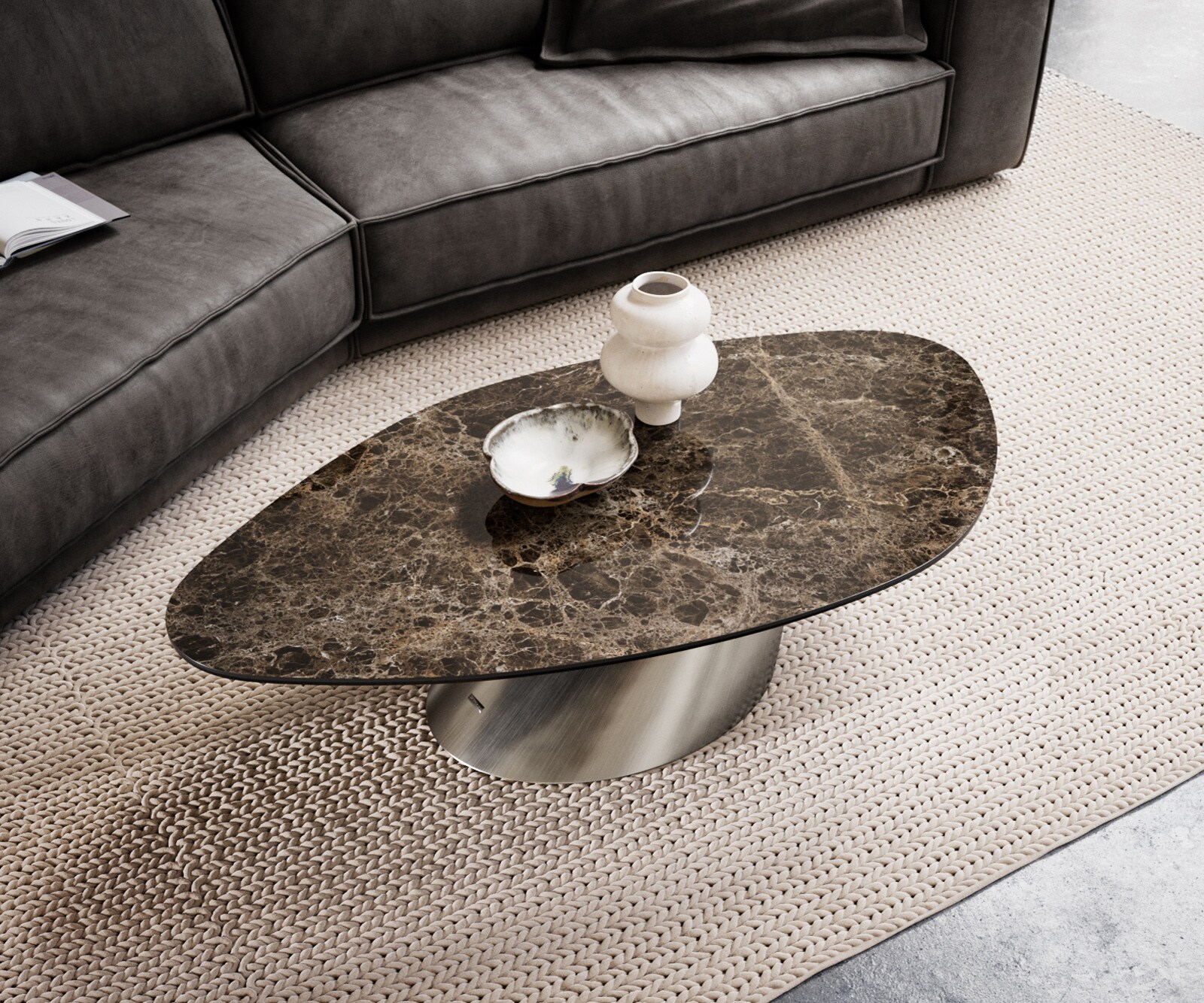 Salontafel Edge Organisch 140x76 cm keramiek Laminam® Emperador Extra Lucidato donkerbruin Conis geborsteld roestvrij staal 3