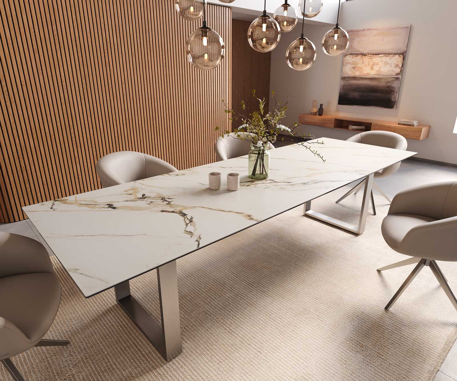 Eetkamertafel Edge 300x100 keramiek Calacatta Luxe wit-goud-grijs RVS Schmal 1
