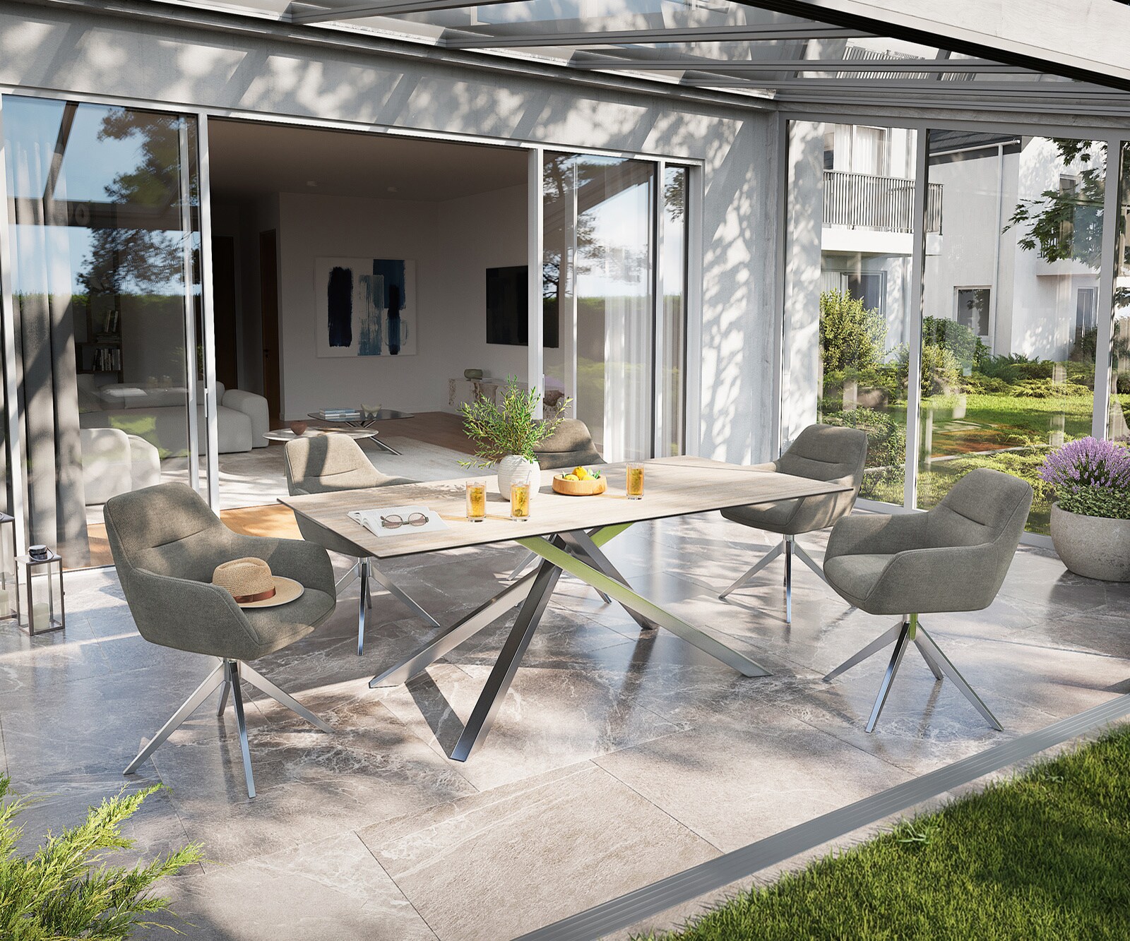 Outdoortafel Edge 200x100 cm keramiek Laminam® Travertino Bianco crème-wit kruispoot rechthoekig roestvrij staal 6