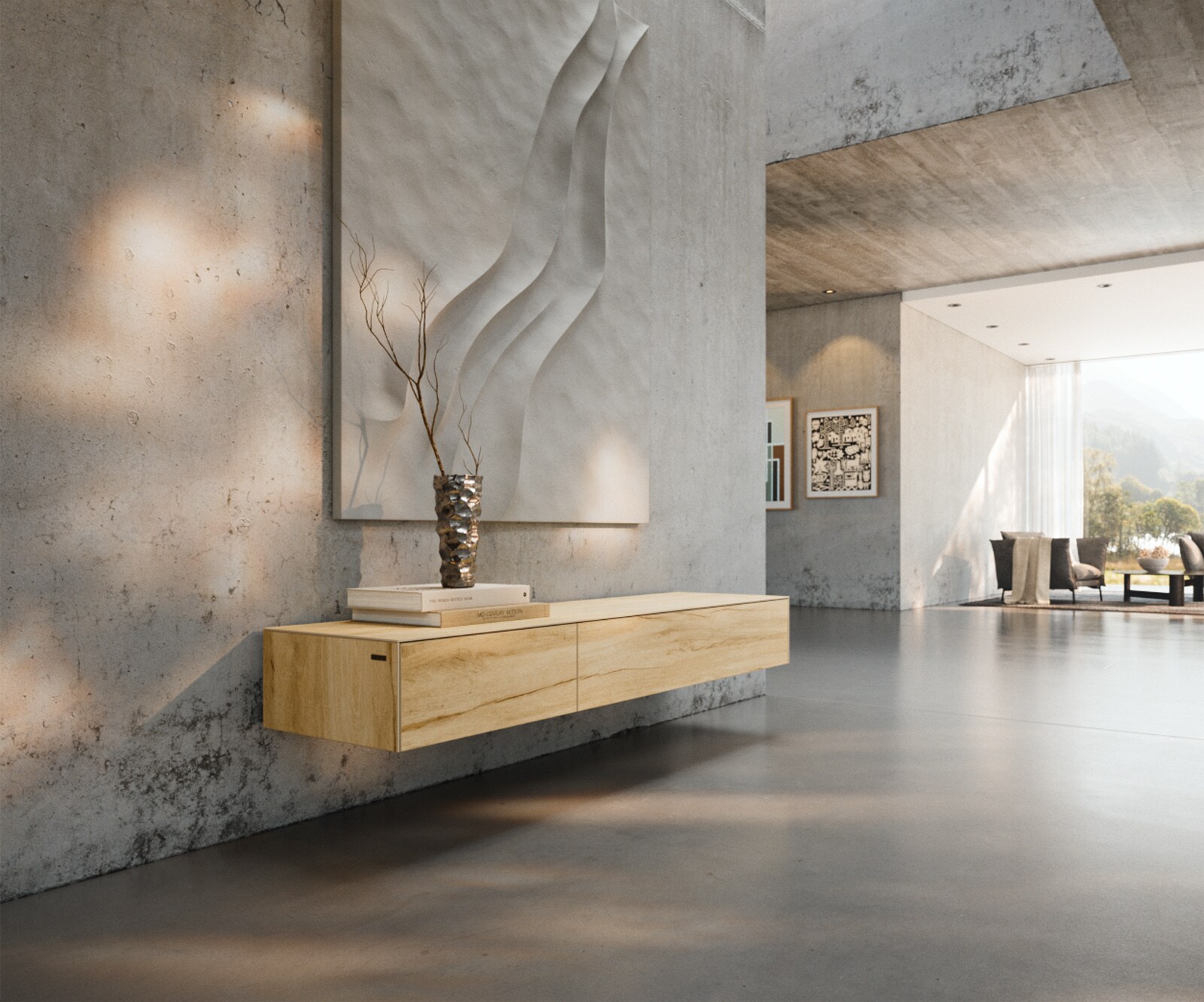 Tv-meubel Cuor 150 cm Keramiek Laminam® Sabbia Eiken gekleurd 1 Flap 1 Lade Zwevend