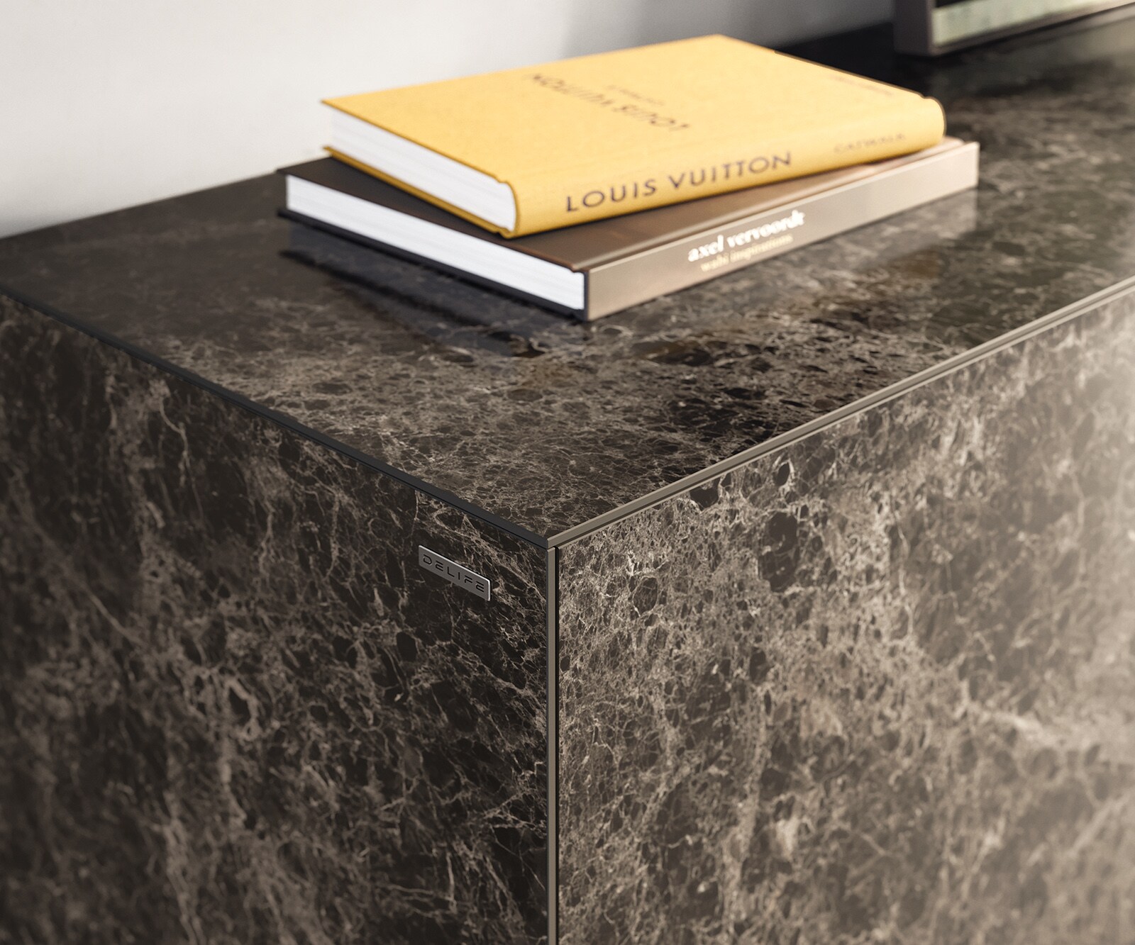 Dressoir Cuor 180 cm Keramiek Laminam® Emperador Extra Lucidato Donkerbruin 2 Deuren 3 Laden Zwevende voet look Acrylglas 5