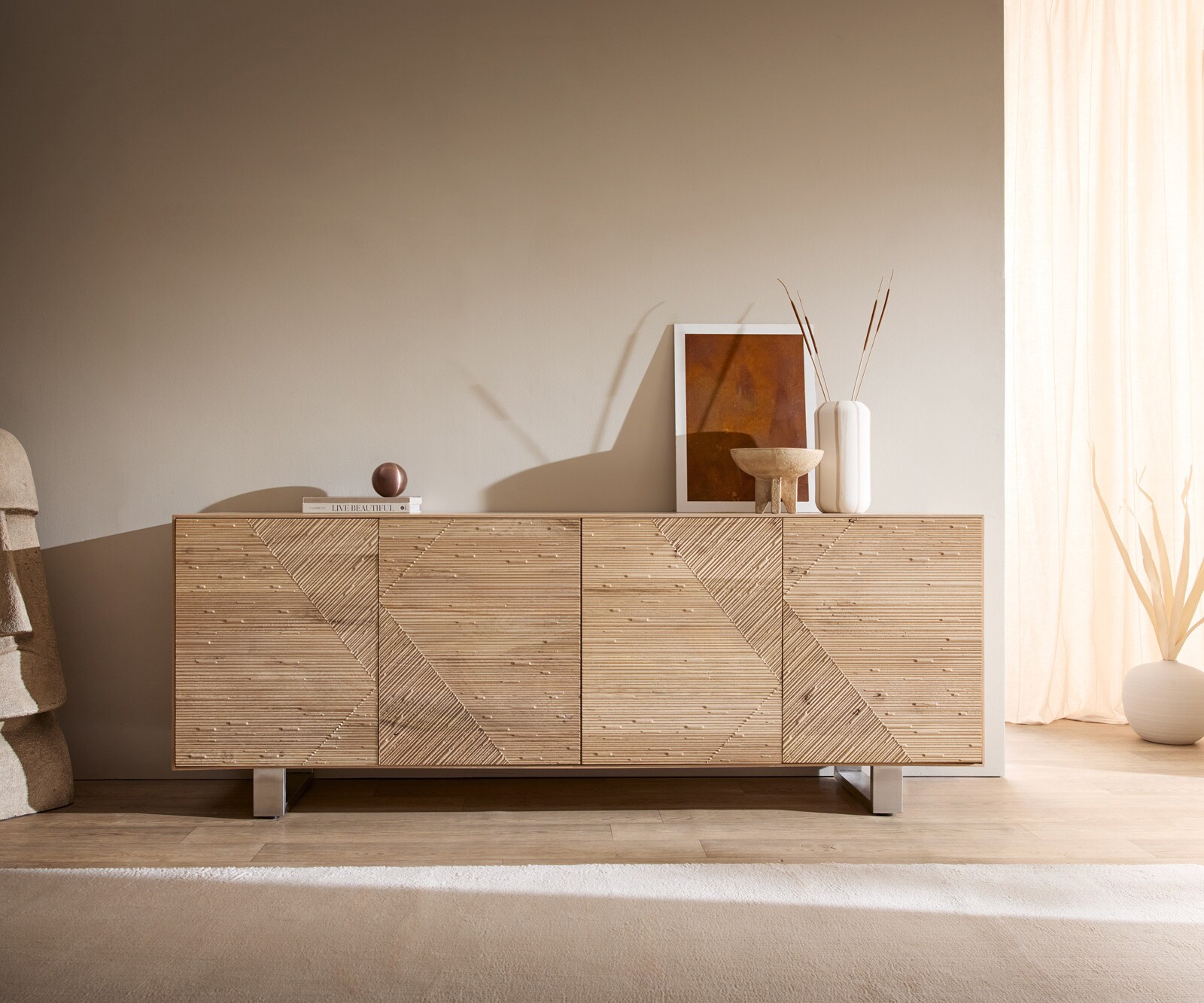 Dressoir Tereos 200 cm eiken natuur 3D-effect 4 deuren glijvoet geborsteld RVS 2