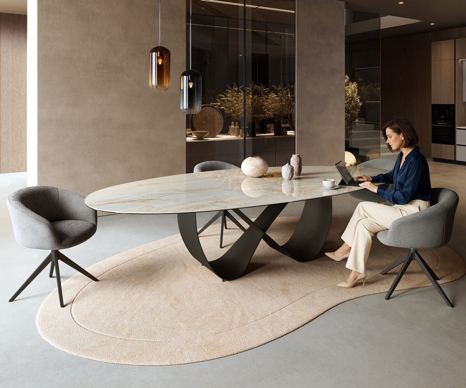 Eetkamertafel Edge Oval 315x150 cm Keramiek Iris FMG Onice Oro Infinity Metaal Zwart 7