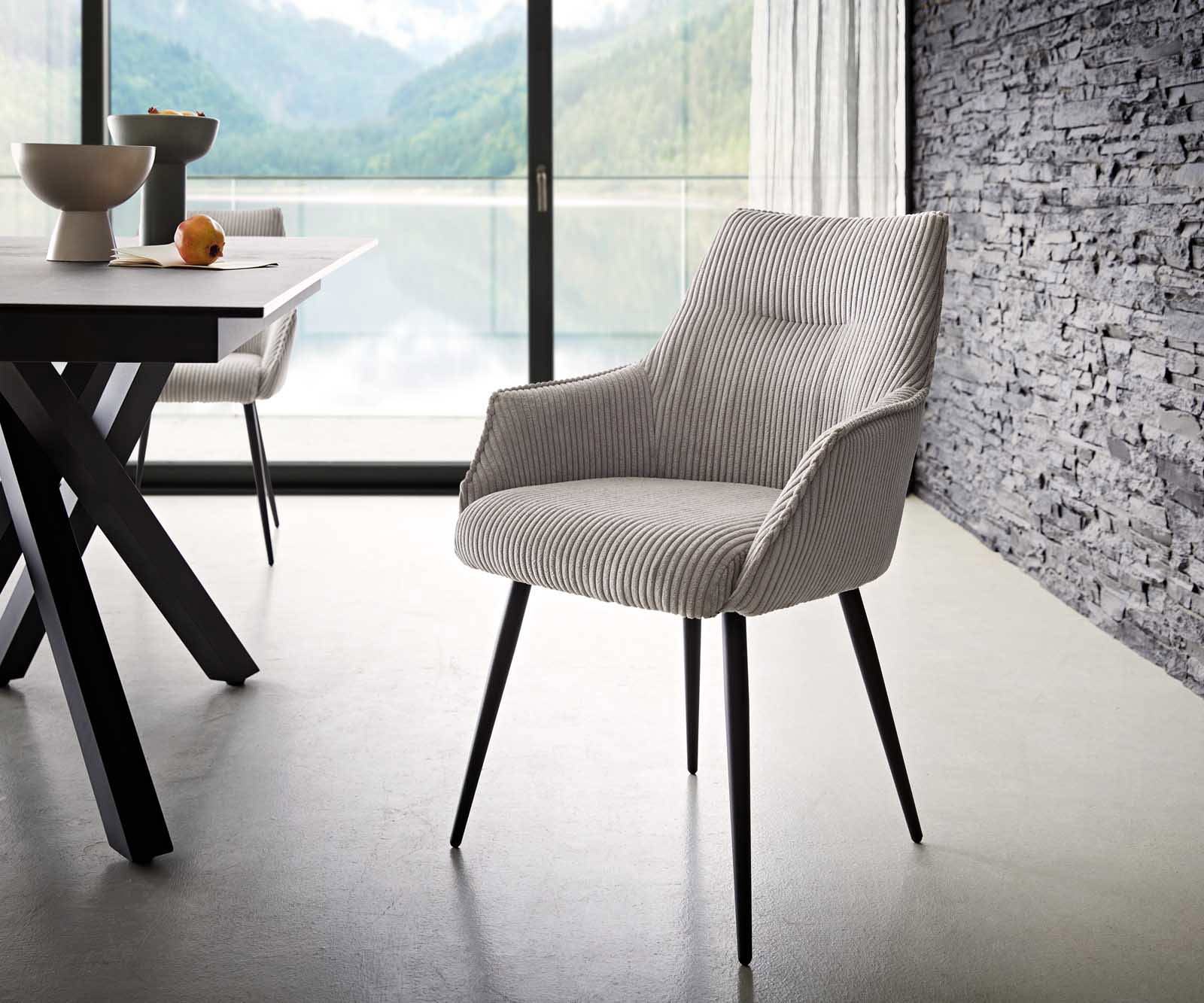 Eetkamerstoel Alja-Flex met armleuning koord zilver grijs 4-poot conisch zwart pocketveer kern Eetkamerstoel Alja-Flex met armleuning koord zilver grijs 4-poot conisch zwart pocketveer kern