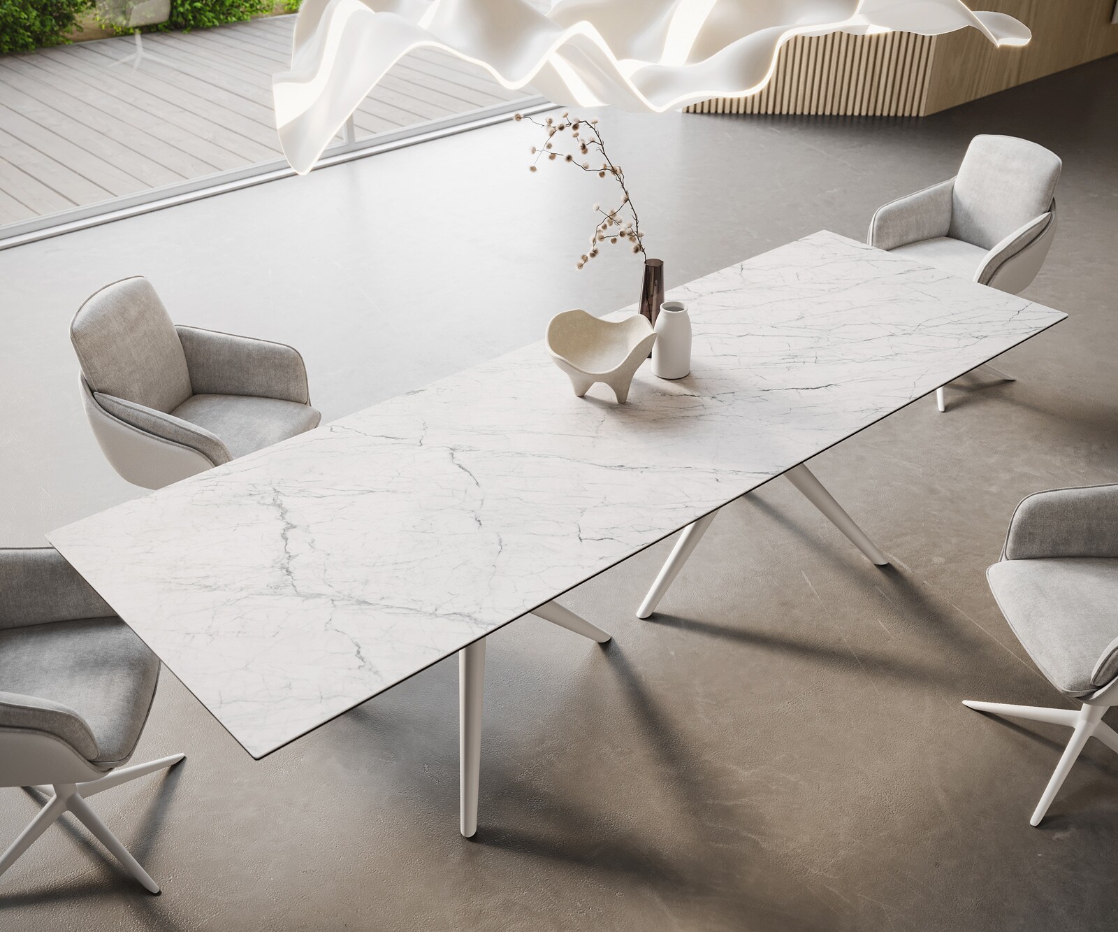Eetkamertafel Edge 300x100 keramiek Laminam®Statuarietto wit Estelar rond  metaal wit 1