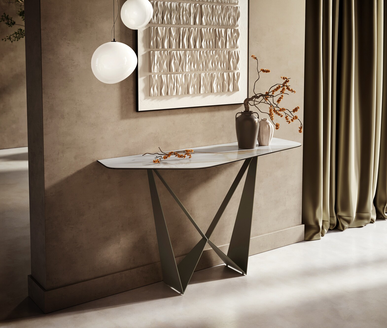 Consoletafel Edge Polygonaal 140x50 cm Keramiek Onyx Pearl Spios Metaal Effektfinish Titan 4