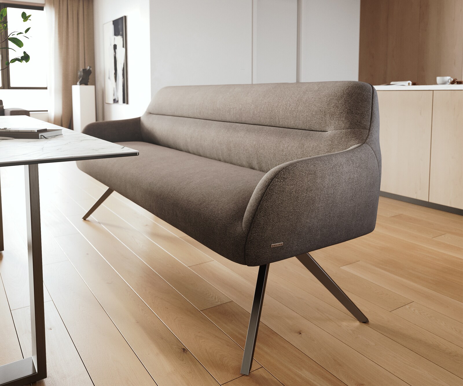 Eetkamerbank Taya-Flex 200 cm zachte stof met structuur taupe hoekig kruisframe grafiet pocketvering 5