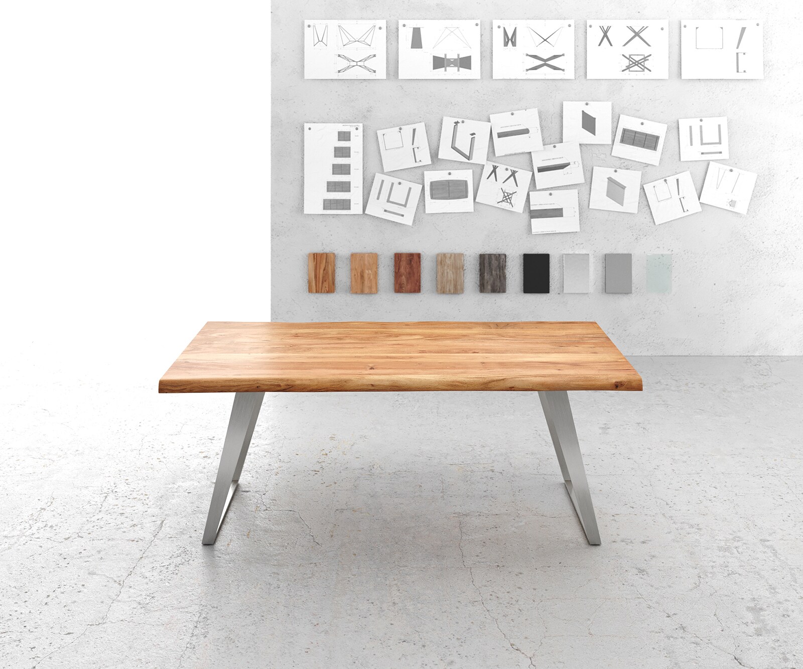 Eettafel Edge 200x100cm XL acacia natuur roestvrijstaal zilver schuin Live-Edge 2