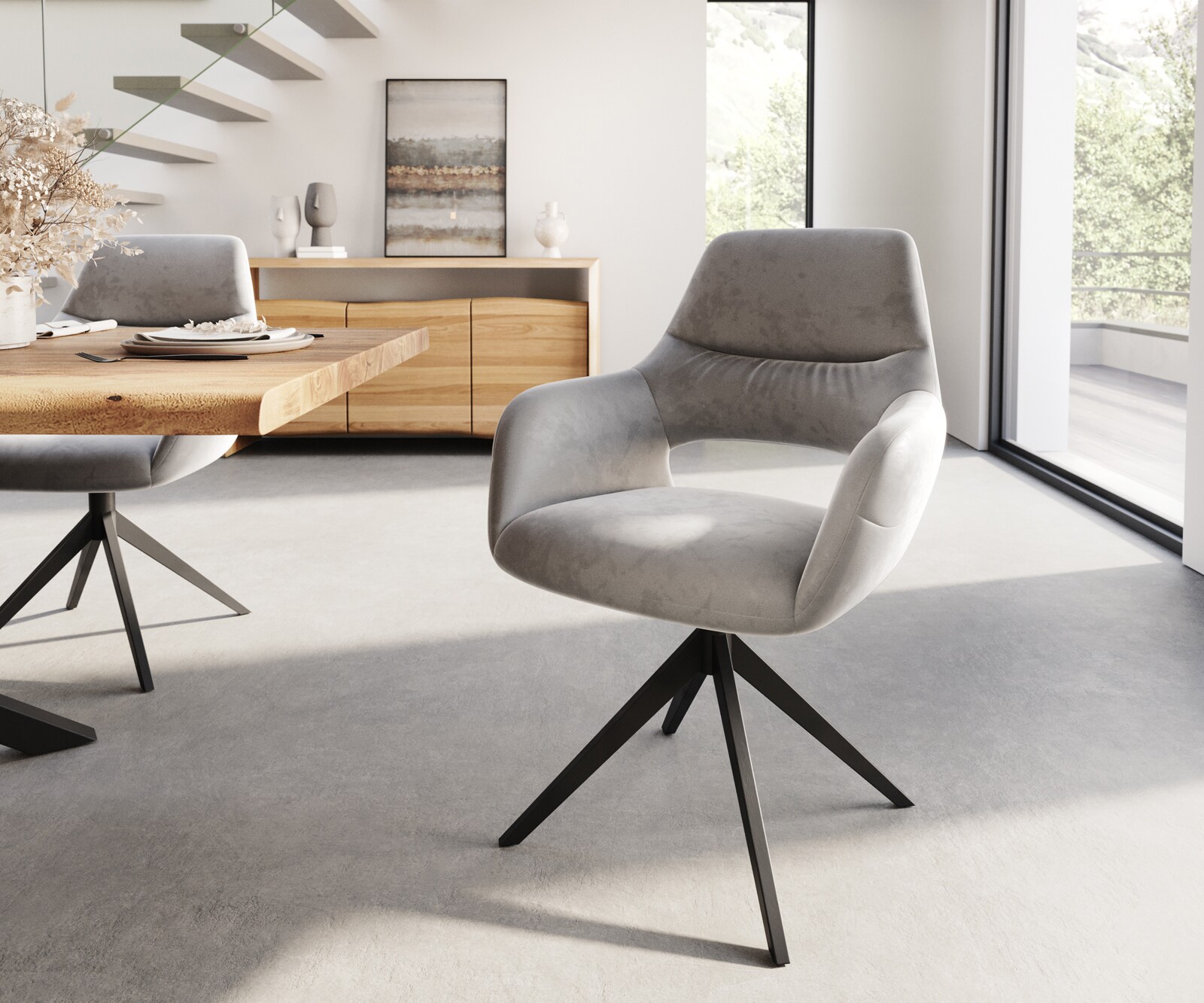 Eetkamerstoel Yago-Flex met armleuning fluweel grijs kruisframe breed zwart pocketveer kern