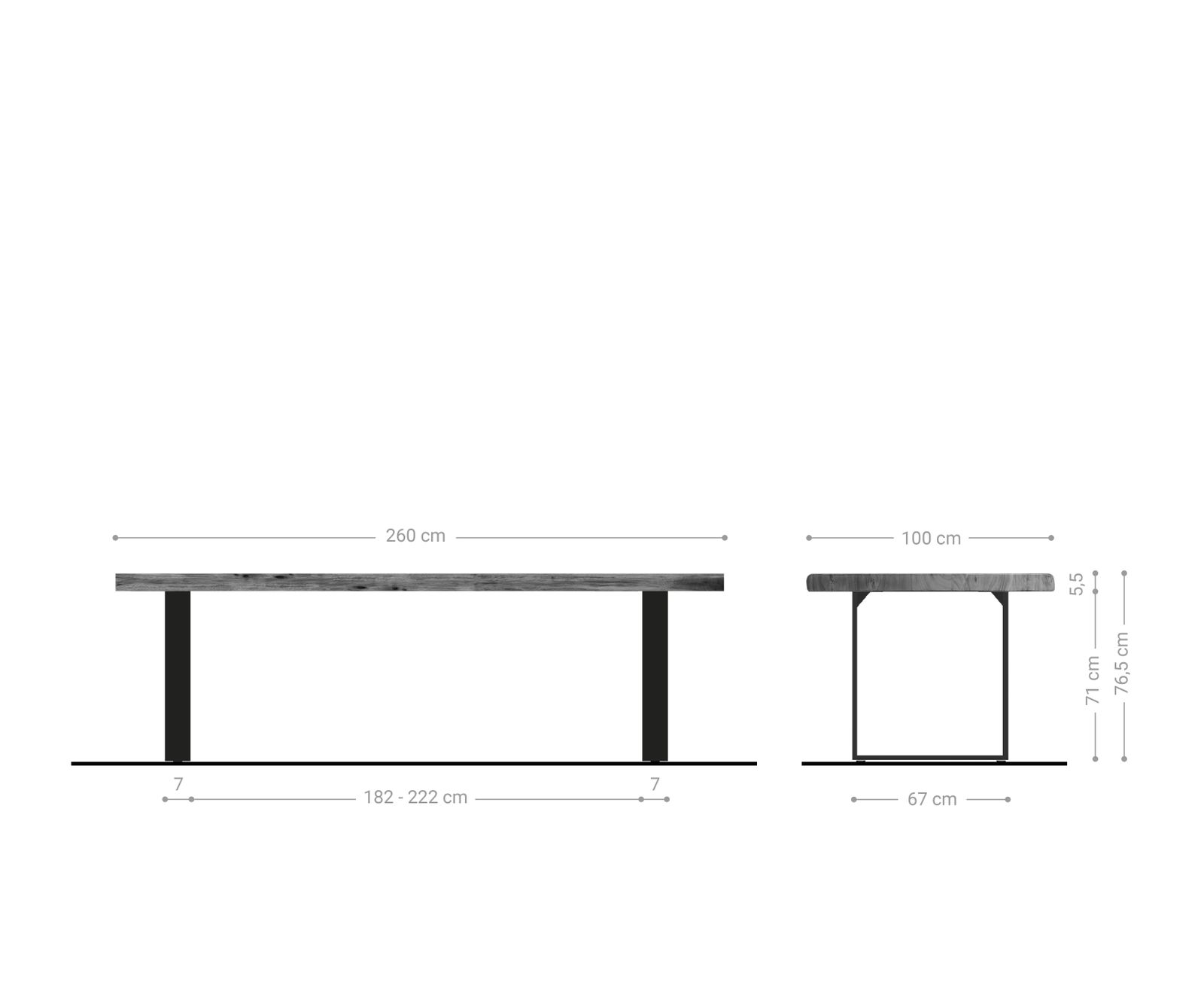 Eettafel Edge 260x100 XL acacia platina  skid  zwart  Live-Edge 7