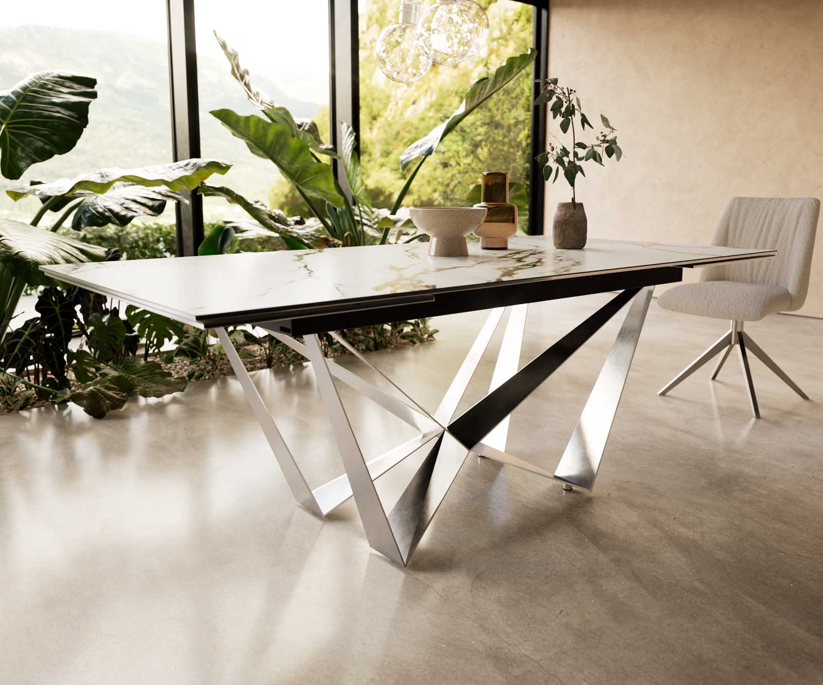 Eetkamertafel Edge 200-300x100 keramiek Calacatta Luxe wit-goud-grijs spider vlak staal RVS uitschuifbaar 6