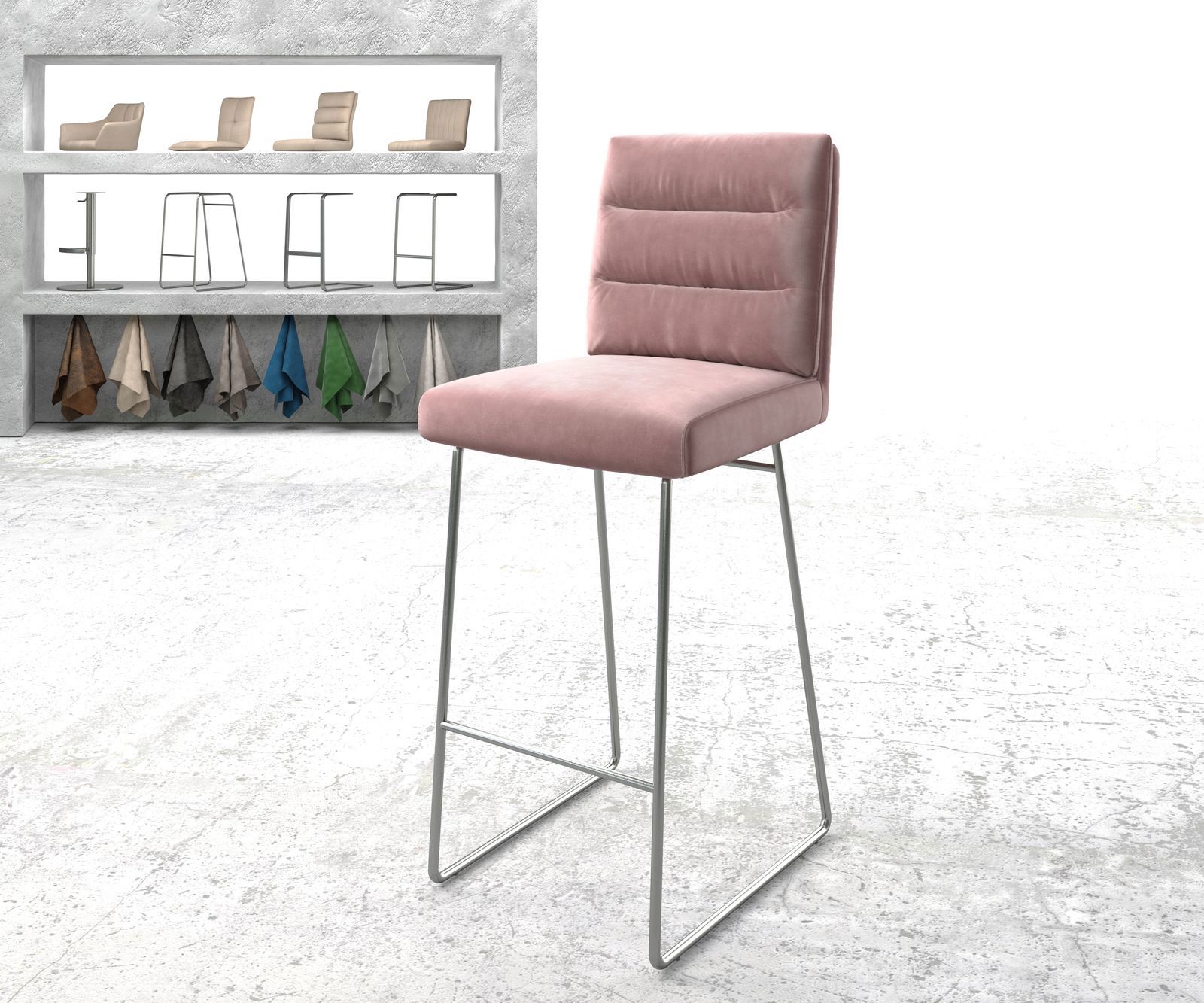 Barstoel Pela-Flex fluweel rosé slipframe roestvrij staal