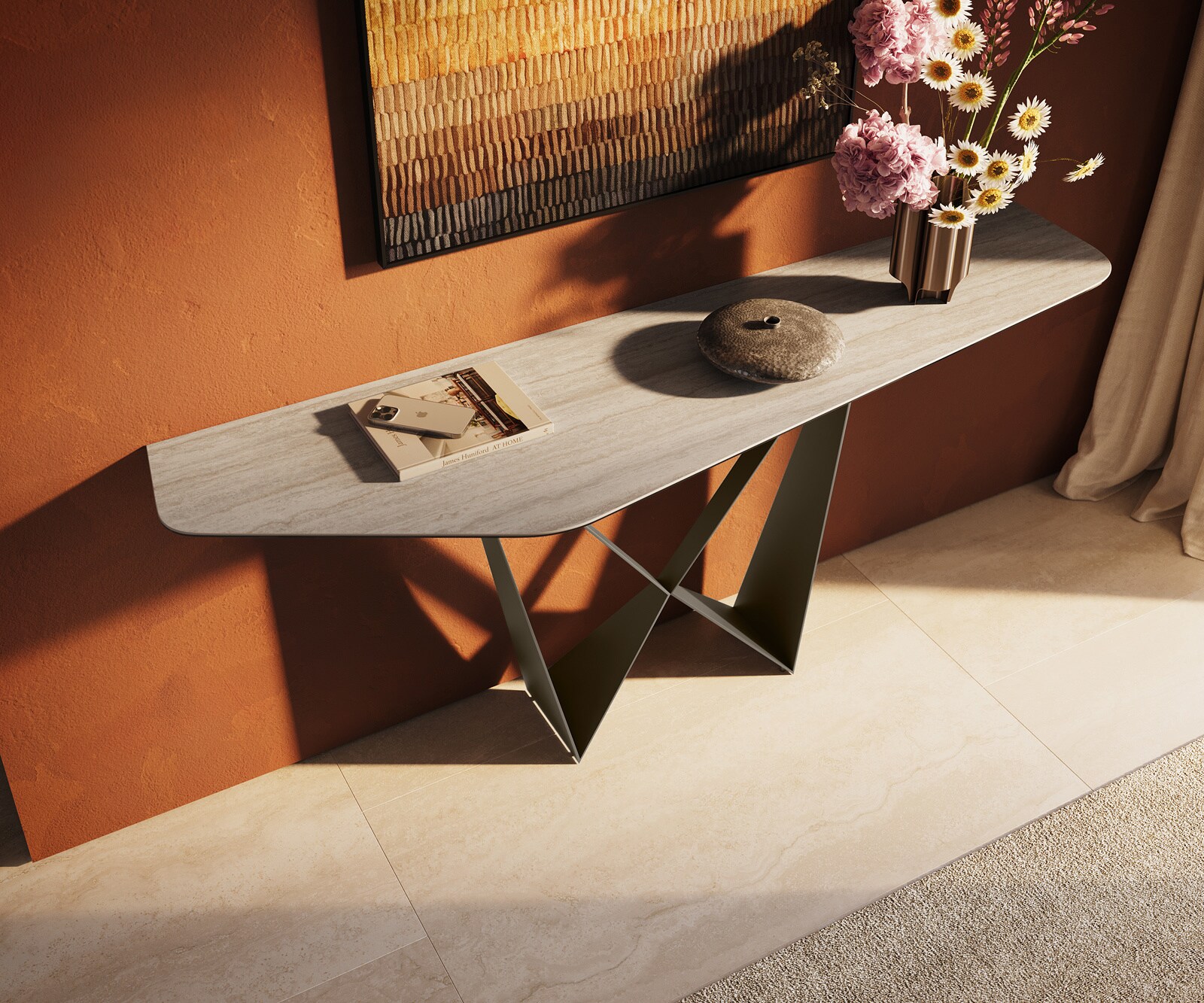 Consoletafel Edge Polygonaal 180x50 cm Keramiek Laminam® Travertino Bianco Creme-Weiß Spios Metaal Effektfinish Titan 4