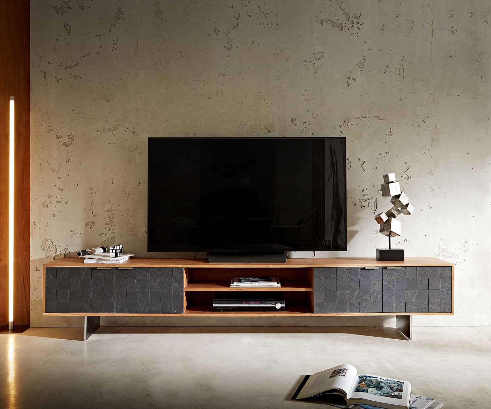 Tv-meubel Teele 240 cm acacia natuurleisteen 4 deurs poot drijvend roestvrij staal 1