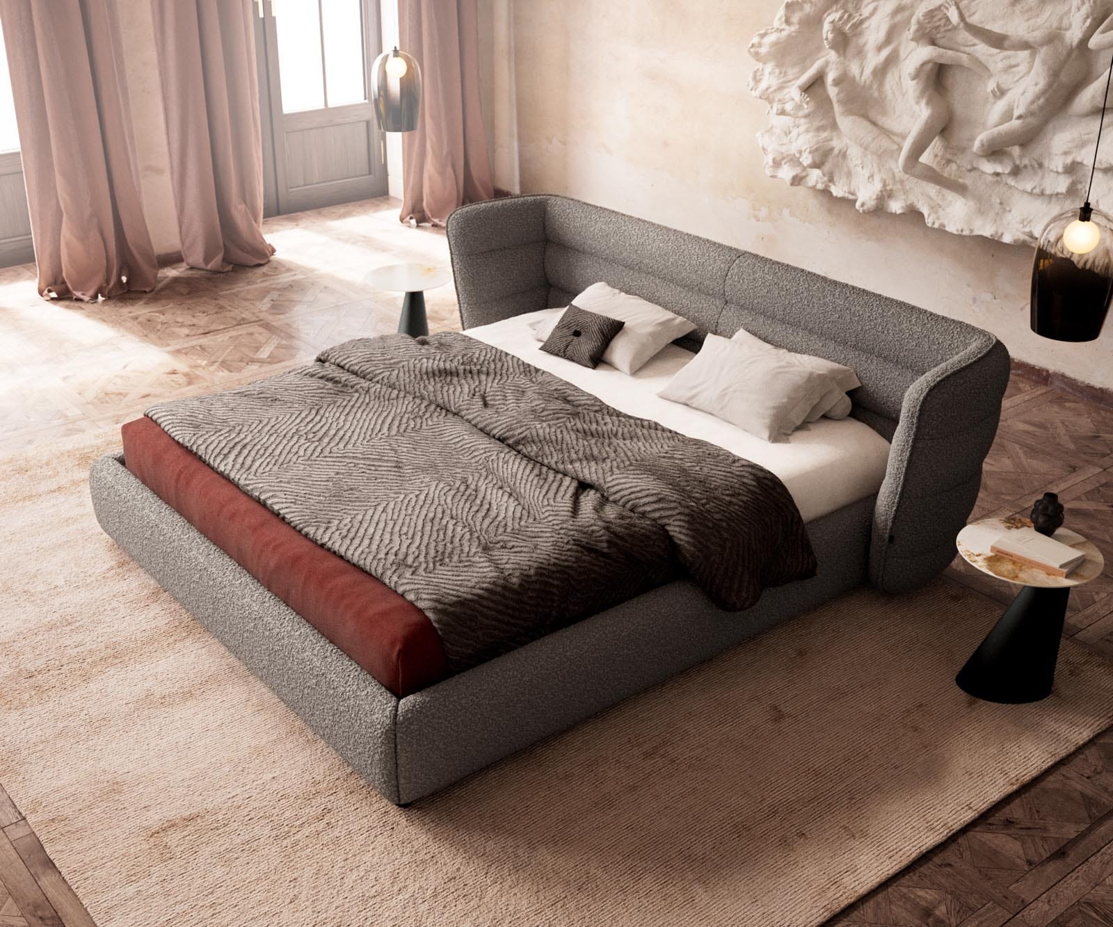 Gestoffeerd bedframe Simea 180x200 cm Bouclé zilvergrijs 3 Gestoffeerd bedframe Simea 180x200 cm Bouclé zilvergrijs 3