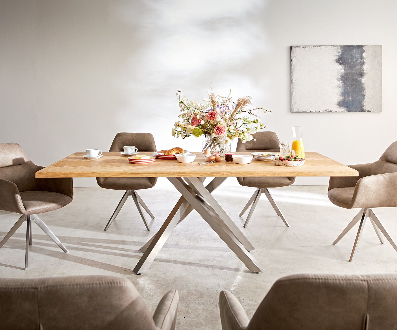 Eettafel Edge-Pure 200x100 eiken natuur Fishbone kruisframe rechthoek roestvrij staal 2