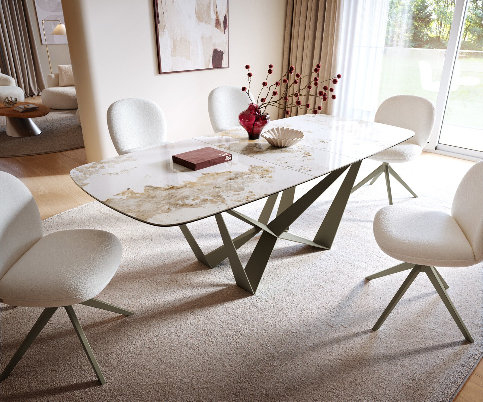 Eettafel Edge Boot 180-220x100 cm Keramiek Minas Melange Wit-Beige Spider Metaal Effectafwerking Titan uitschuifbaar 6