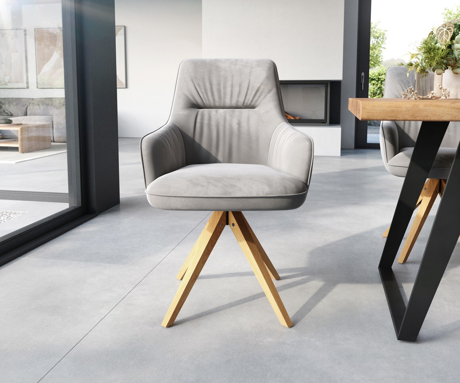 Eetkamerstoel Zelia-Flex met armleuning fluweel grijs houten frame hoekig natuur pocketveer kern 1 Eetkamerstoel Zelia-Flex met armleuning fluweel grijs houten frame hoekig natuur pocketveer kern 1