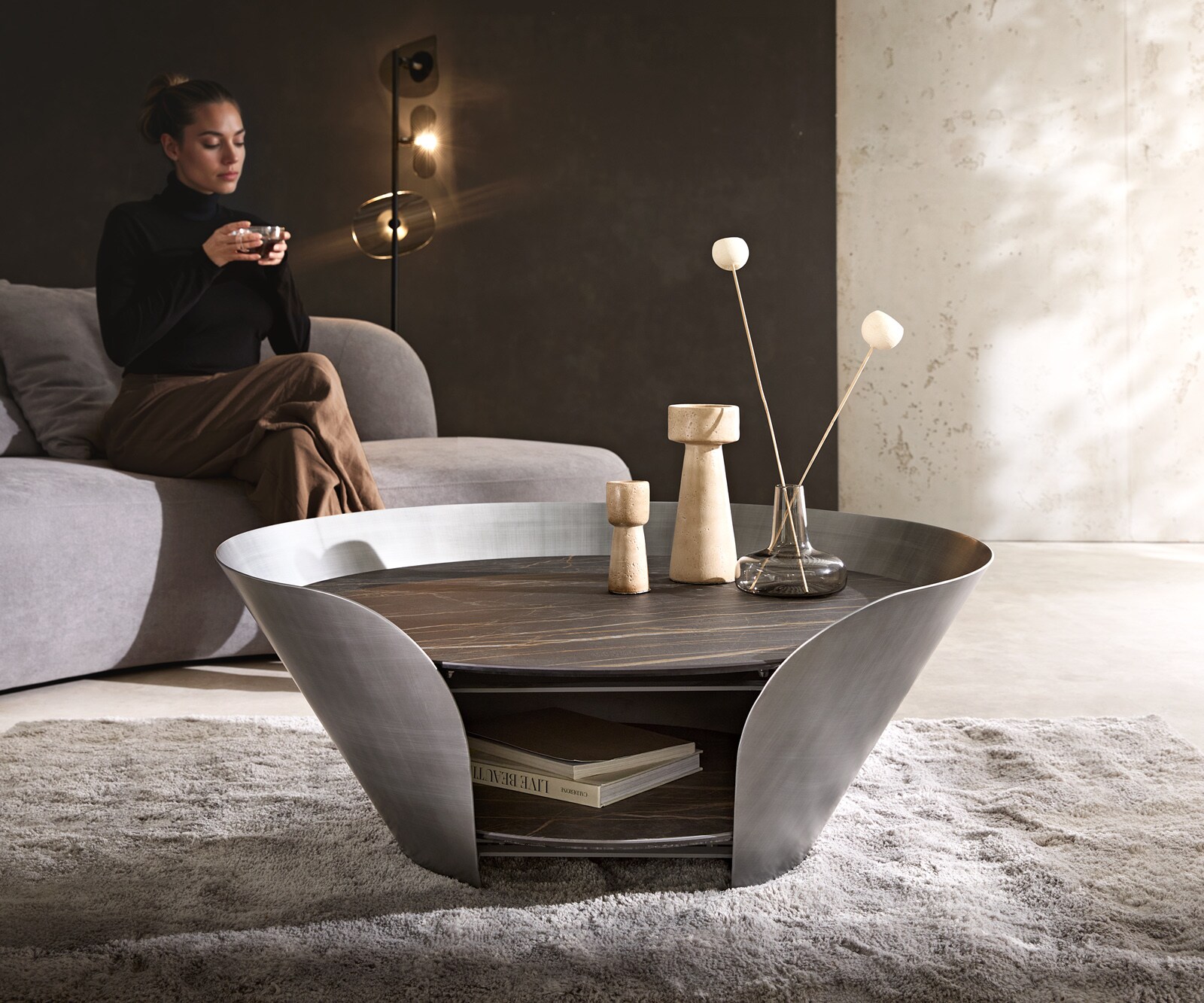 Salontafel Skafi 100x40 cm Keramisch Laminam® Noir Desir Bruin metaal zilver 1