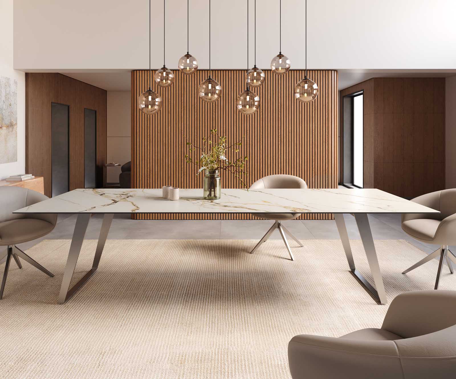 Eetkamertafel Edge 300x100 keramiek Calacatta Luxe wit-goud-grijs RVS schuin 1 Eetkamertafel Edge 300x100 keramiek Calacatta Luxe wit-goud-grijs RVS schuin 1